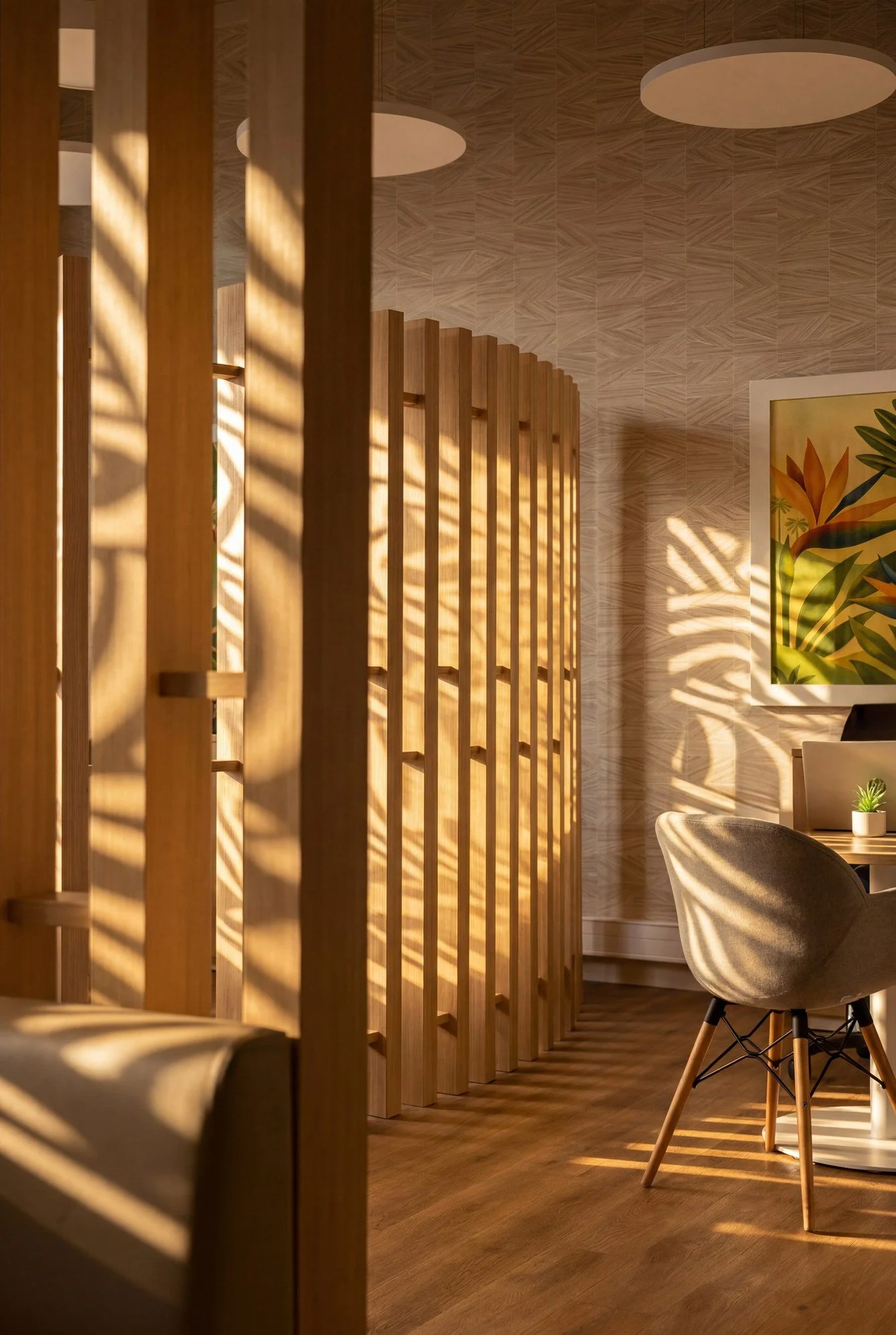 Jeux d’ombre et claustras en bois dans l’aménagement intérieur des bureaux MUA VUT.