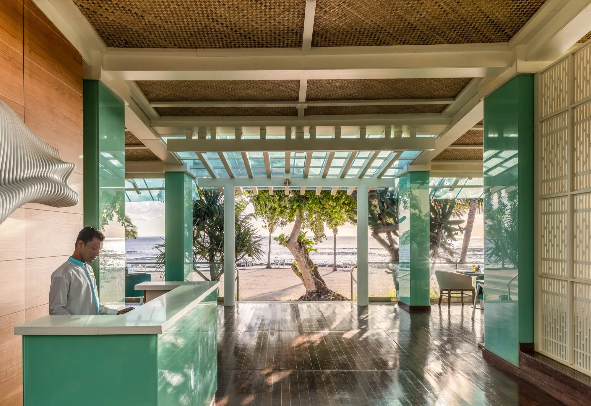Resort interior or covered terrace with architectural lighting