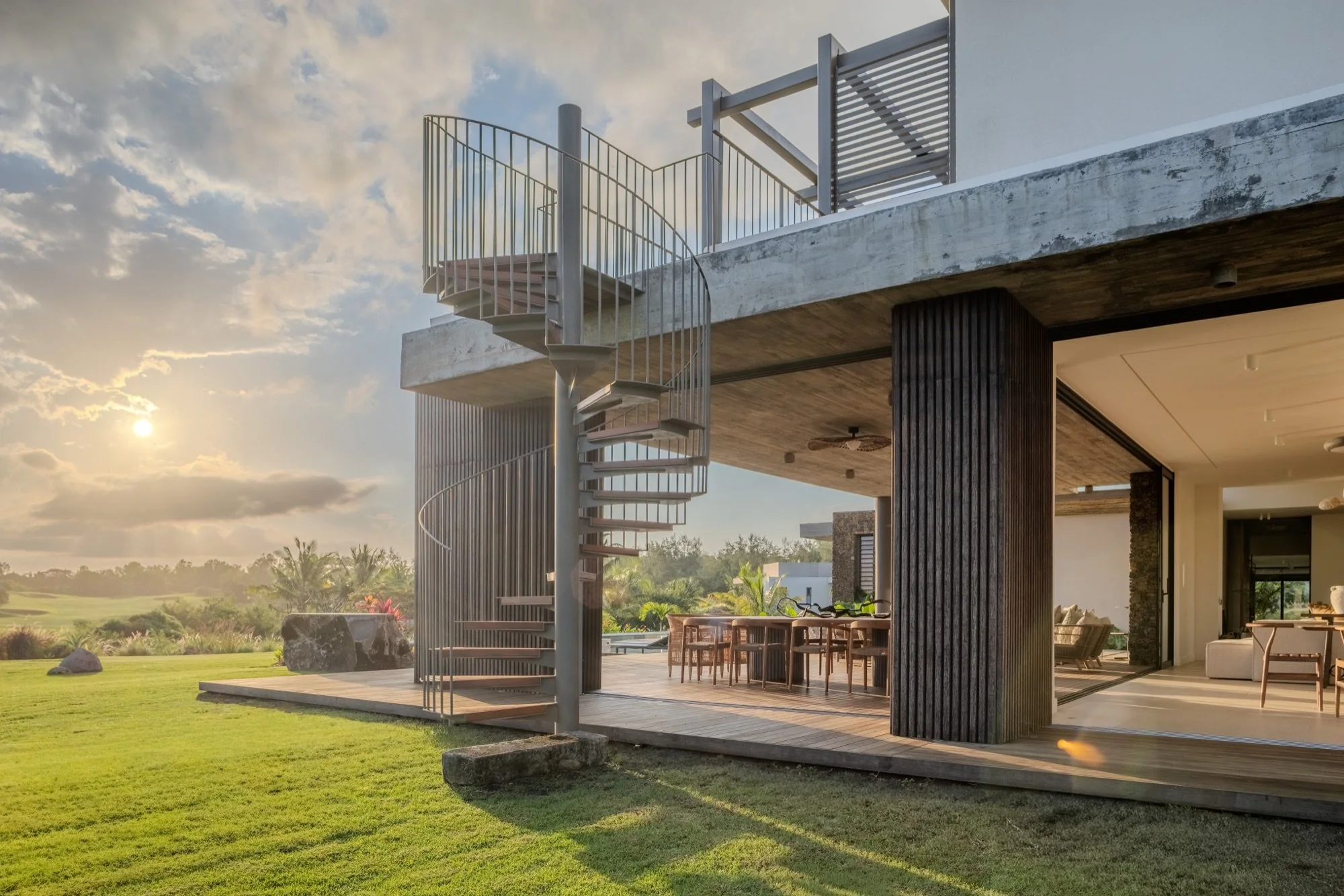 Tropical luxury villa architecture with open living spaces in Mauritius