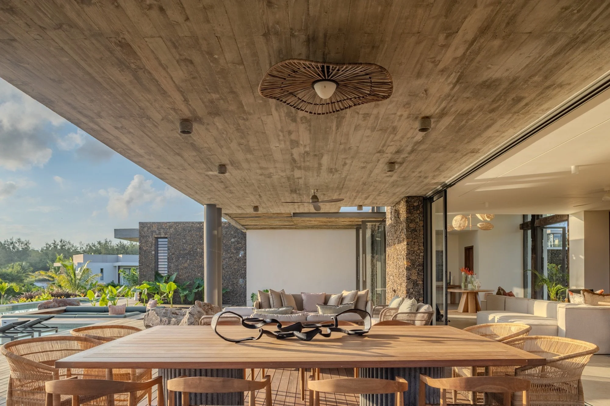 Modern villa terrace in Mauritius designed for indoor outdoor living