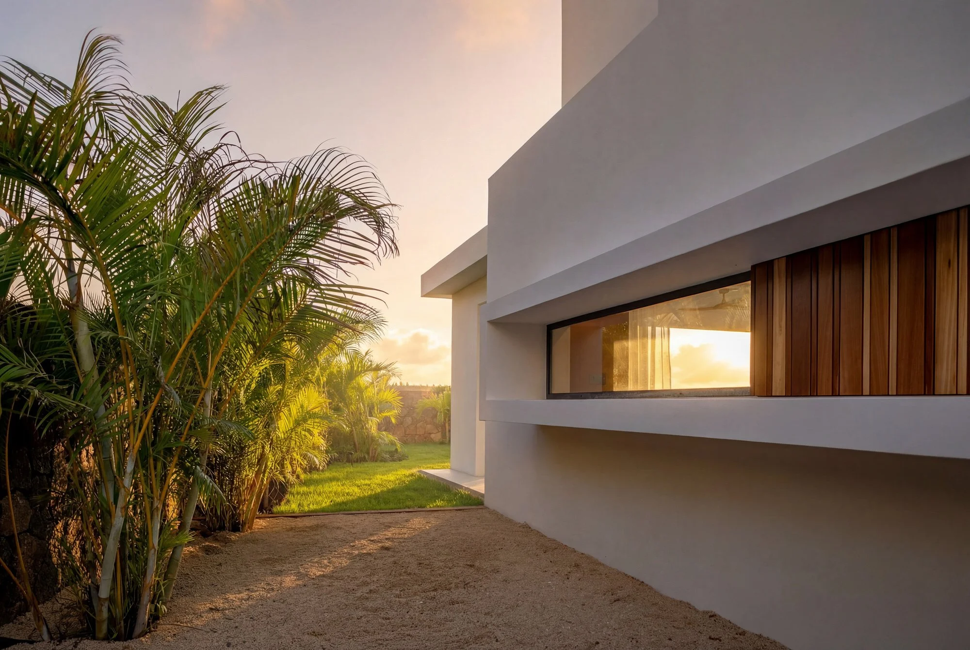 Une maison moderne avec une façade blanche et une grande fenêtre, entourée de Palmiers et d'une pelouse verte, au coucher du soleil.