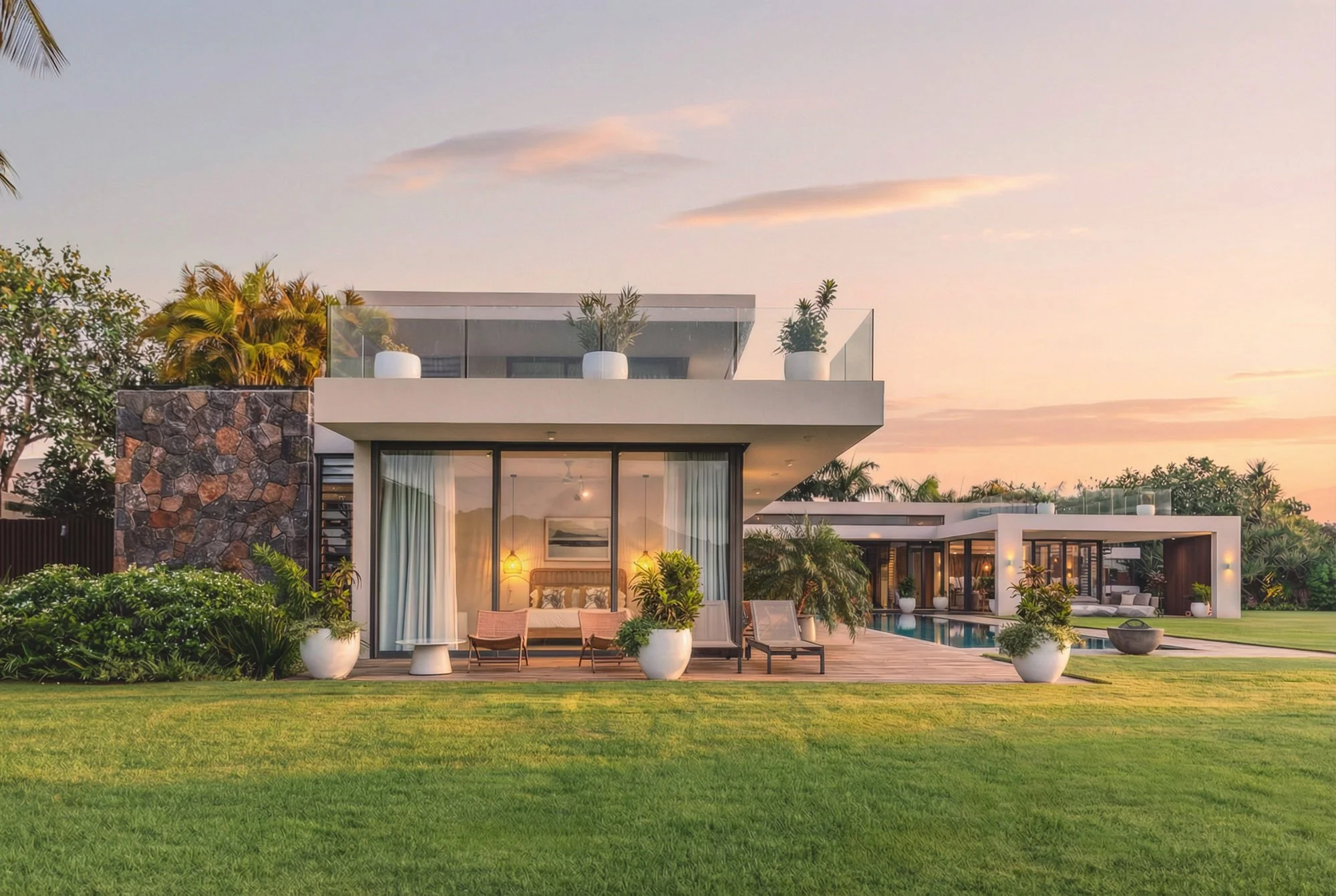 Maison moderne avec une piscine, grande baie vitrée, mobilier extérieur, jardins verts et ciel au coucher du soleil.
