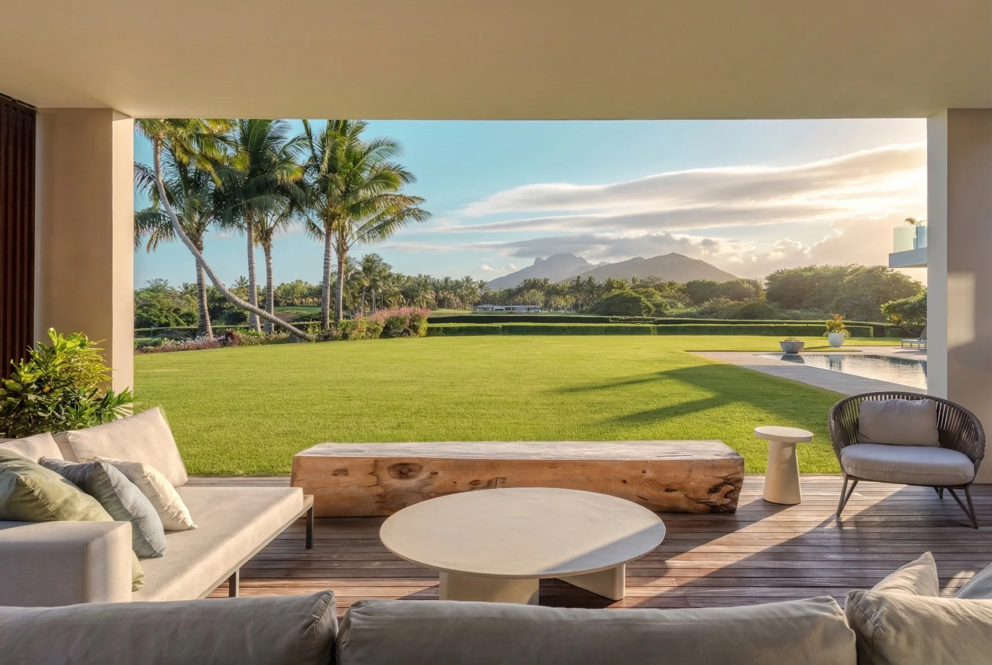 Terrasse moderne avec vue sur un jardin verdoyant, palmiers, montagnes en arrière-plan, piscine, mobilier confortable en plein air, ciel nuageux au coucher du soleil.