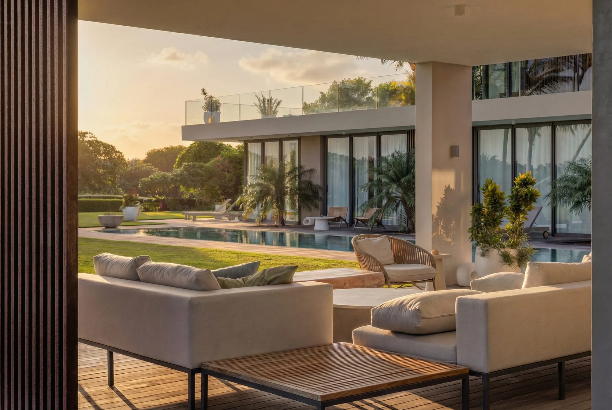 Vue d'une terrasse moderne avec salon extérieur, piscine, plantes tropicales, et mobilier en bois, à côté d'une maison aux grandes fenêtres et balcon, au coucher de soleil