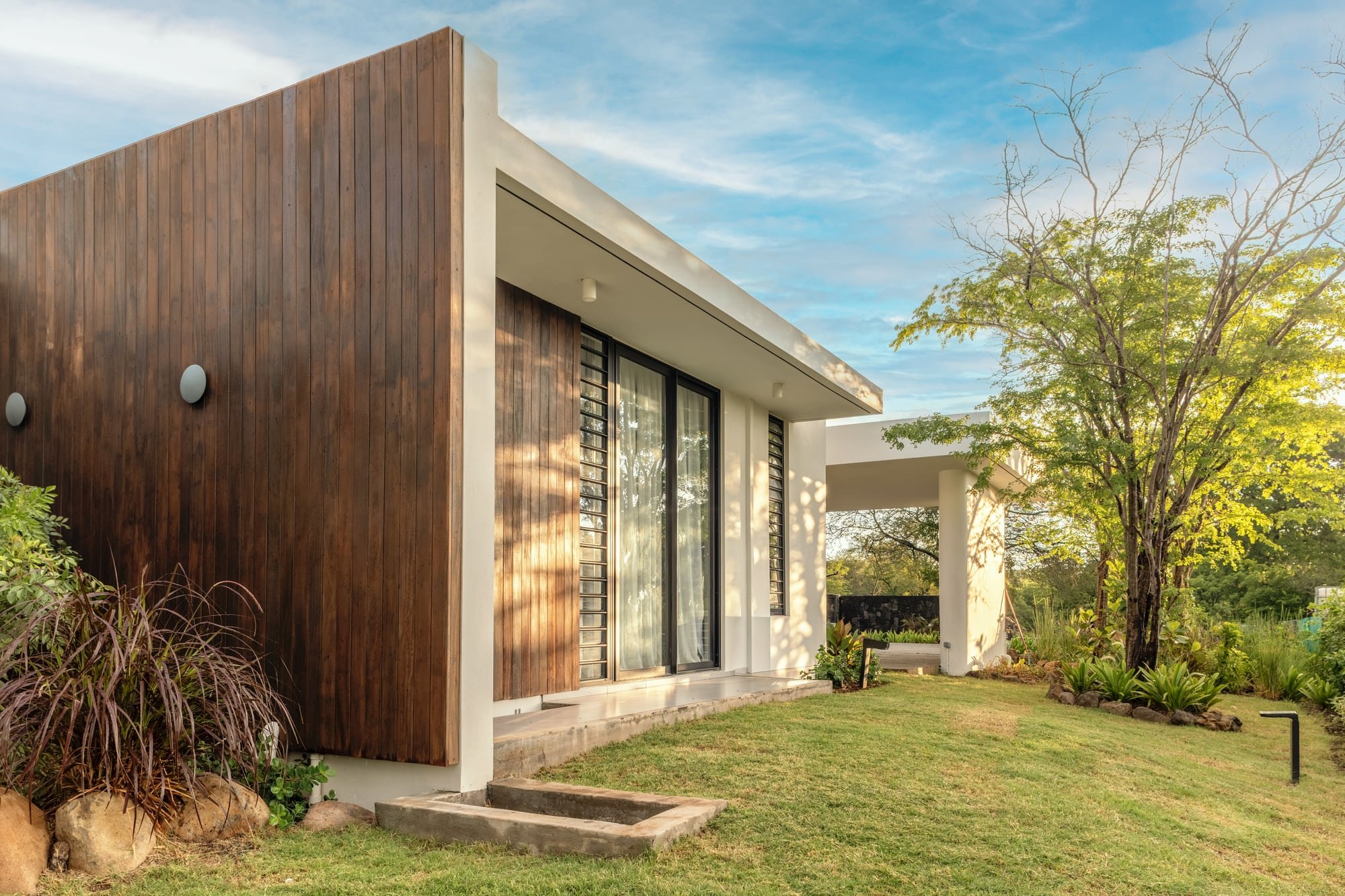 Side facade with timber cladding and landscaped garden