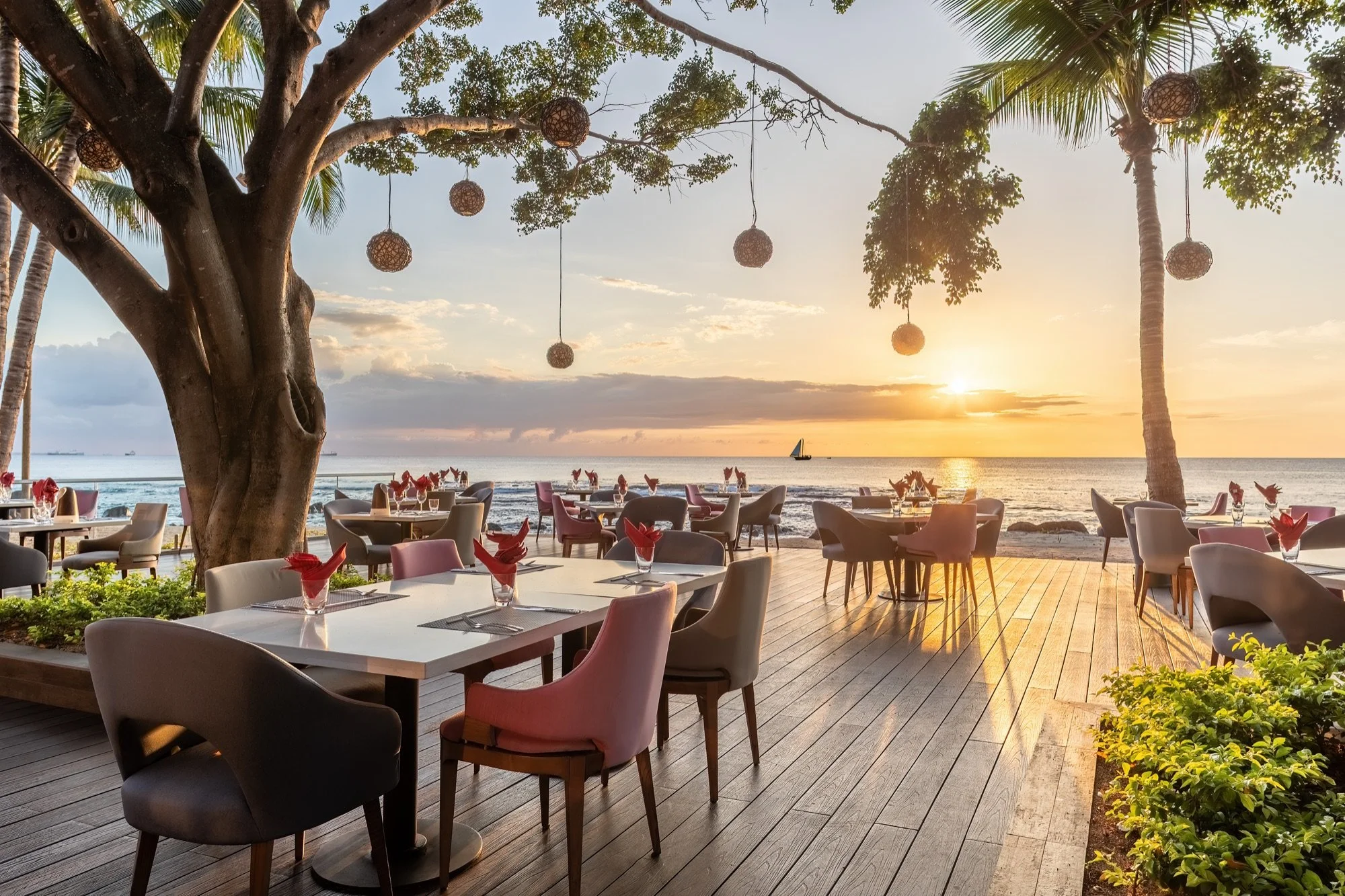 Resort restaurant or terrace with warm evening light in Mauritius