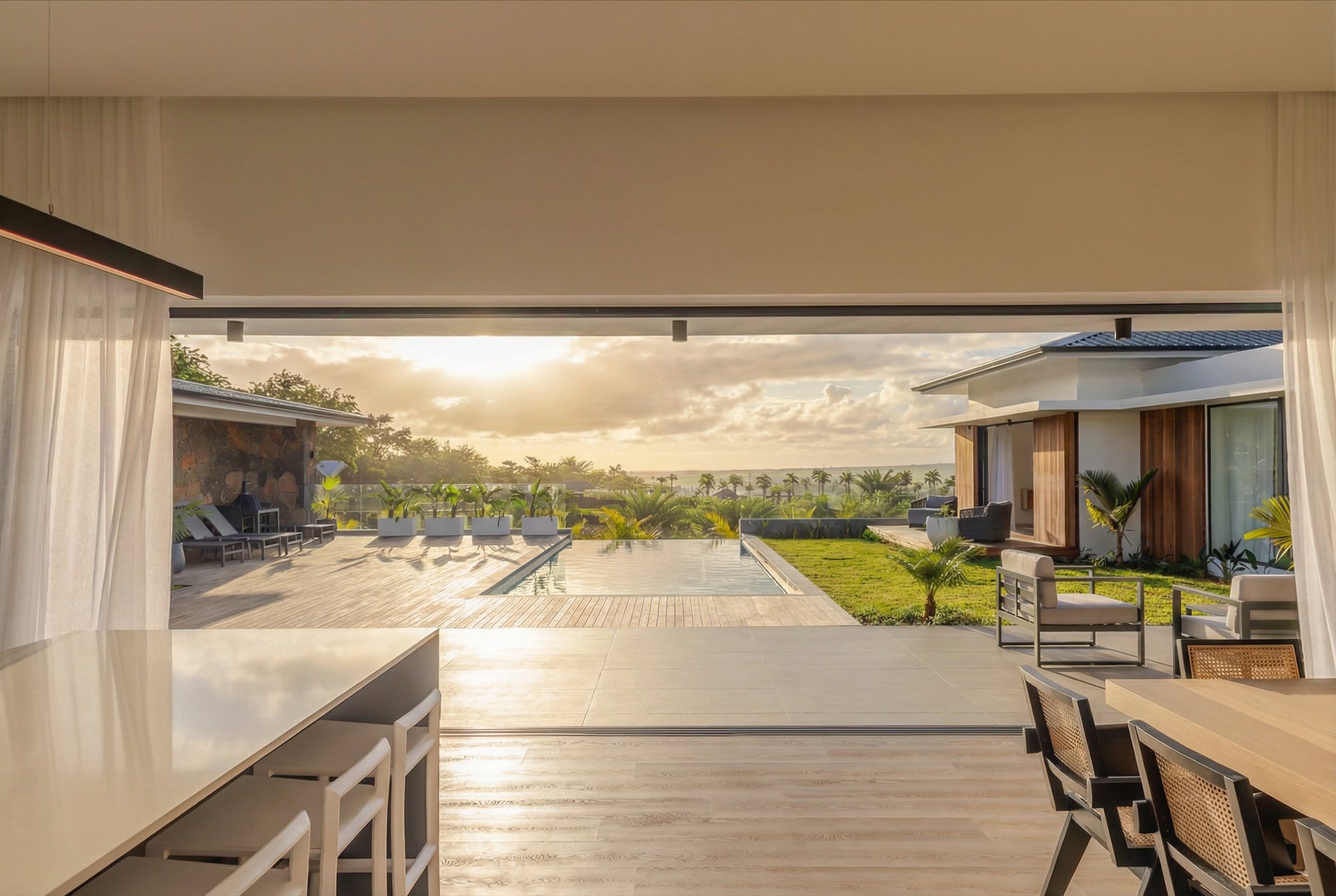 Villa Lots à Maurice, vue architecturale d’une villa contemporaine. Contemporary villa architecture photography in Mauritius.