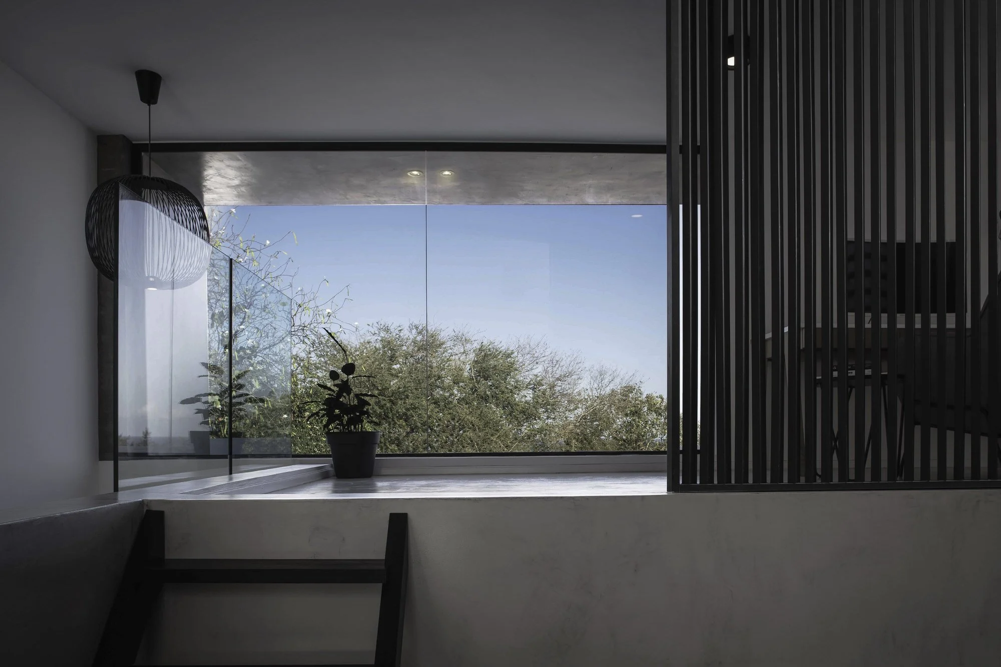 Vue d'un intérieur moderne avec un grand accès vitré à l'extérieur, une plante verte en pot, des lampes encastrées au plafond, et un design épuré avec des barres verticales en noir séparant l'espace.