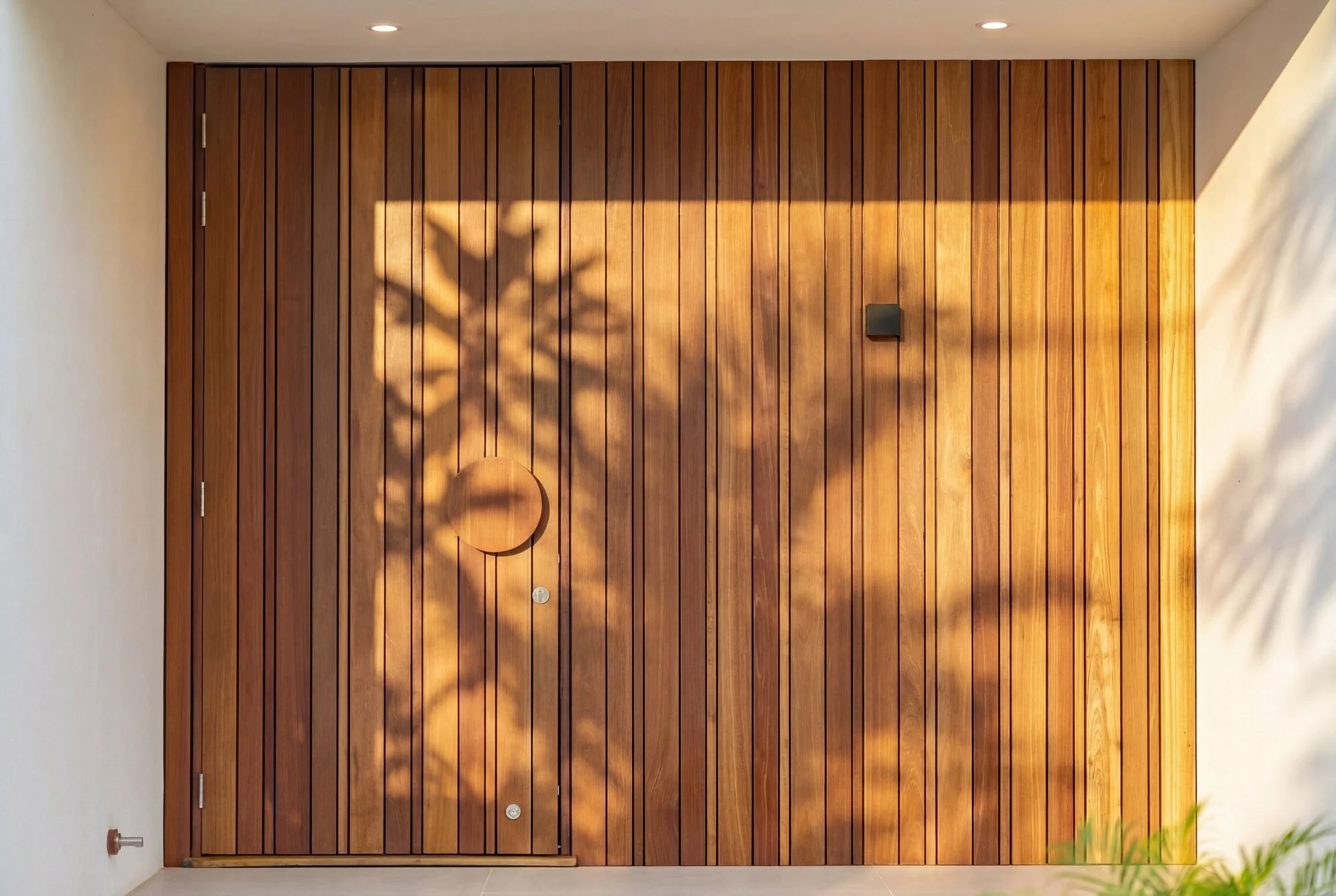 Une porte en bois avec des lattes verticales, une poignée ronde et une serrure, sous un plafond avec deux spots lumineux, entourée de murs clairs.