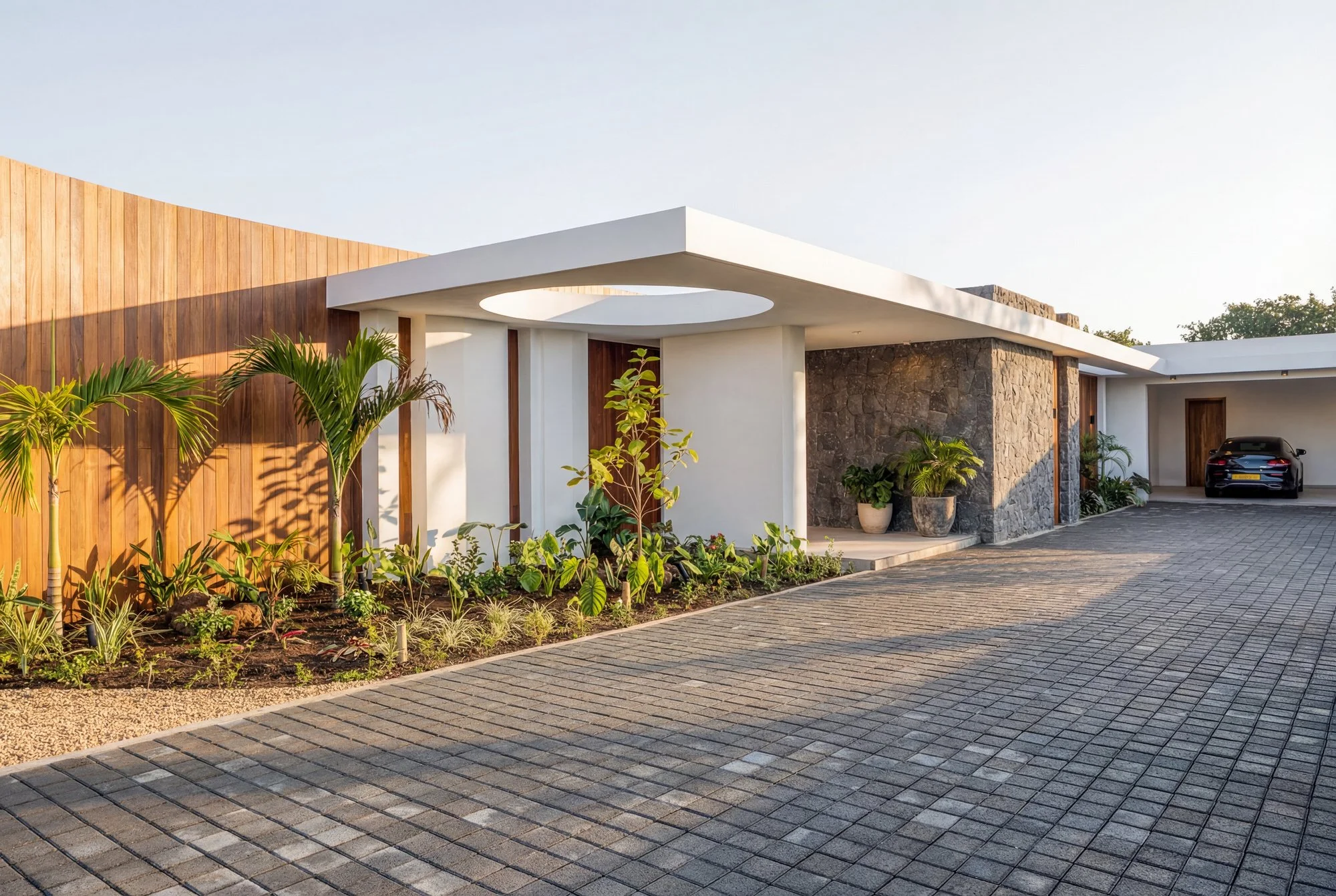 Une maison moderne avec un toit plat, une façade en pierre et en bois, un jardin avec des plantes vertes, un parking avec une voiture noire, et un ciel clair à l'arrière-plan.