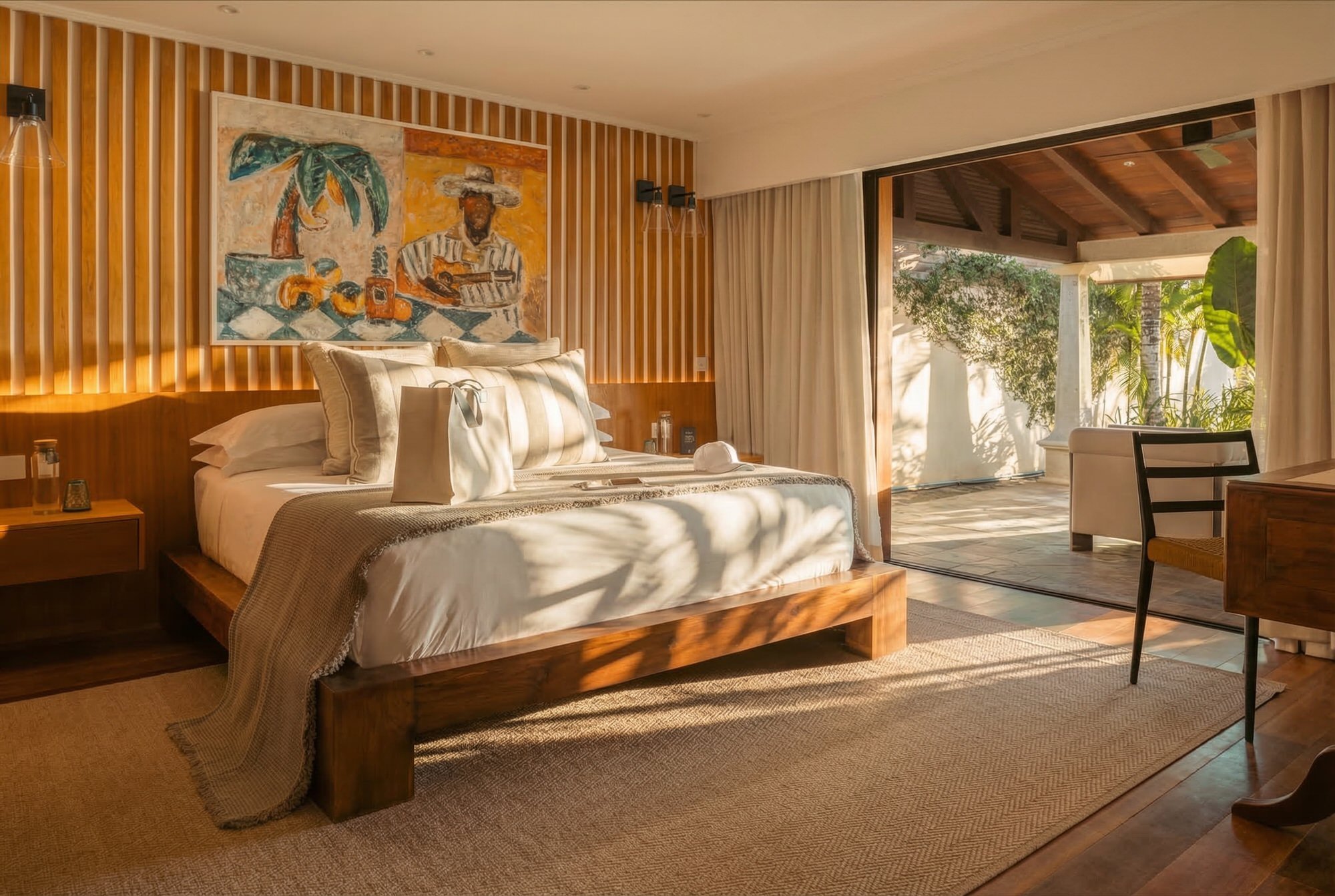 Une chambre d'hôtel avec un lit en bois, des draps blancs, et un tableau coloré d'une personne portant un chapeau, accrochée au mur en arrière-plan. Il y a une grande fenêtre avec des rideaux ouverts laissant entrer la lumière naturelle, offrant une 