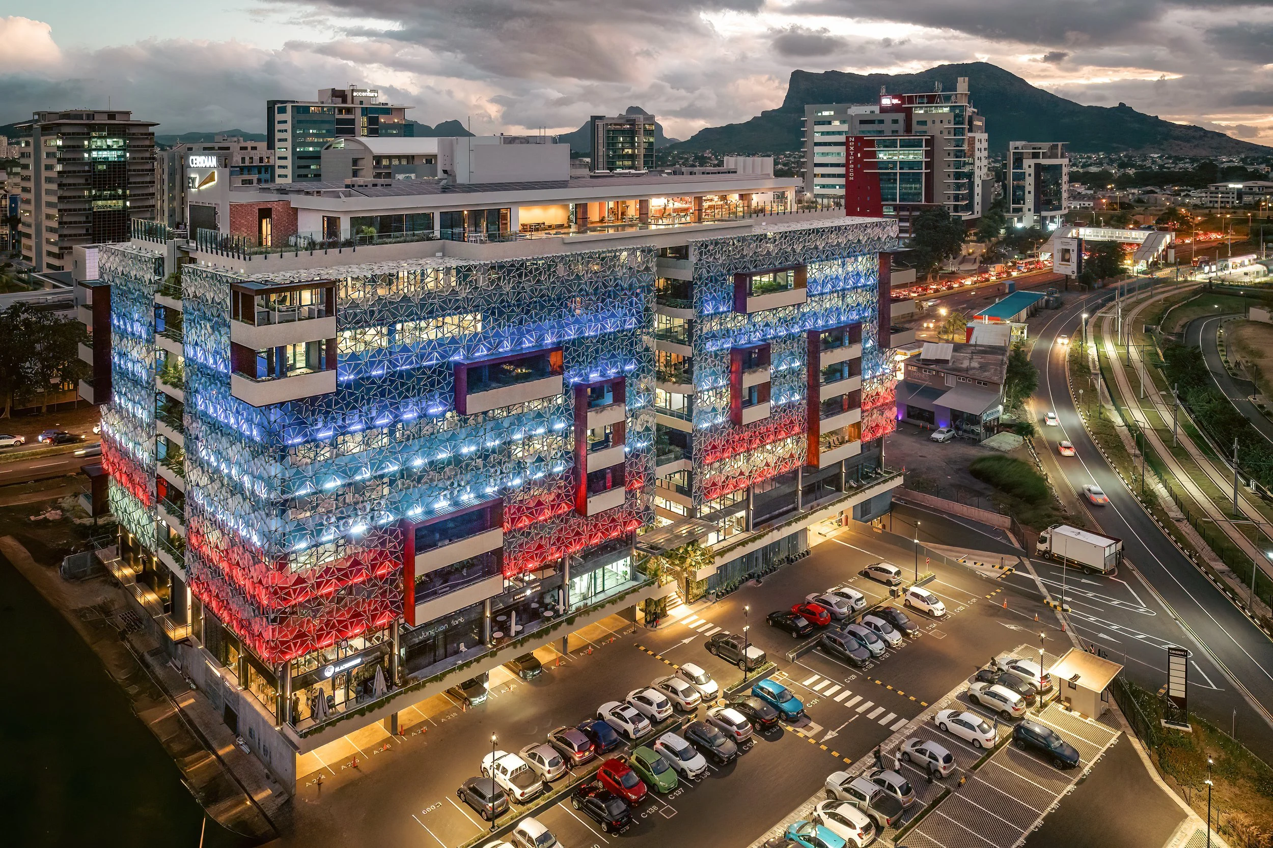 Commercial building exterior with modern facade and urban context