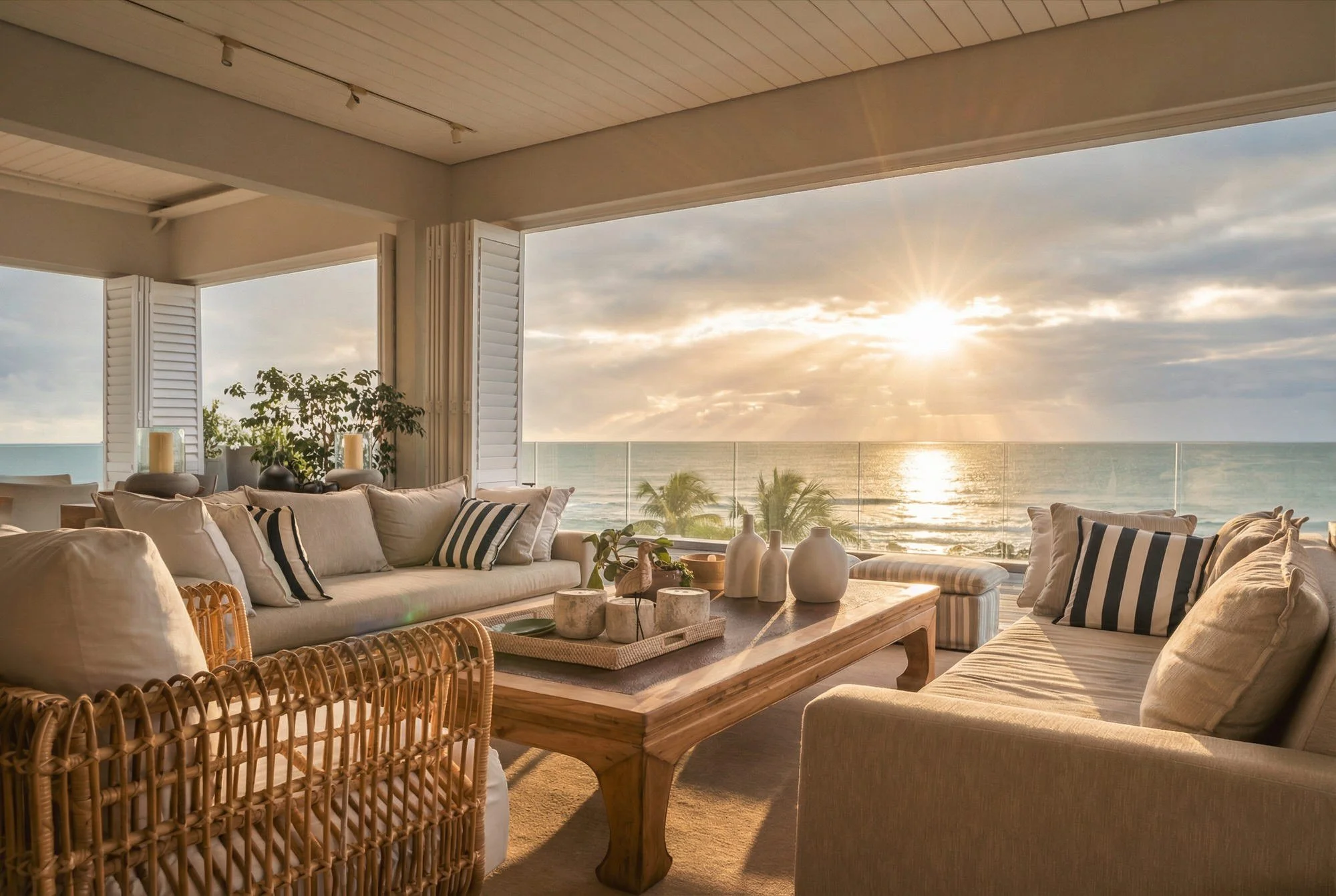 Salon de la Villa Tides ouvert sur l’océan au coucher du soleil, lumière dorée et intérieur chaleureux.