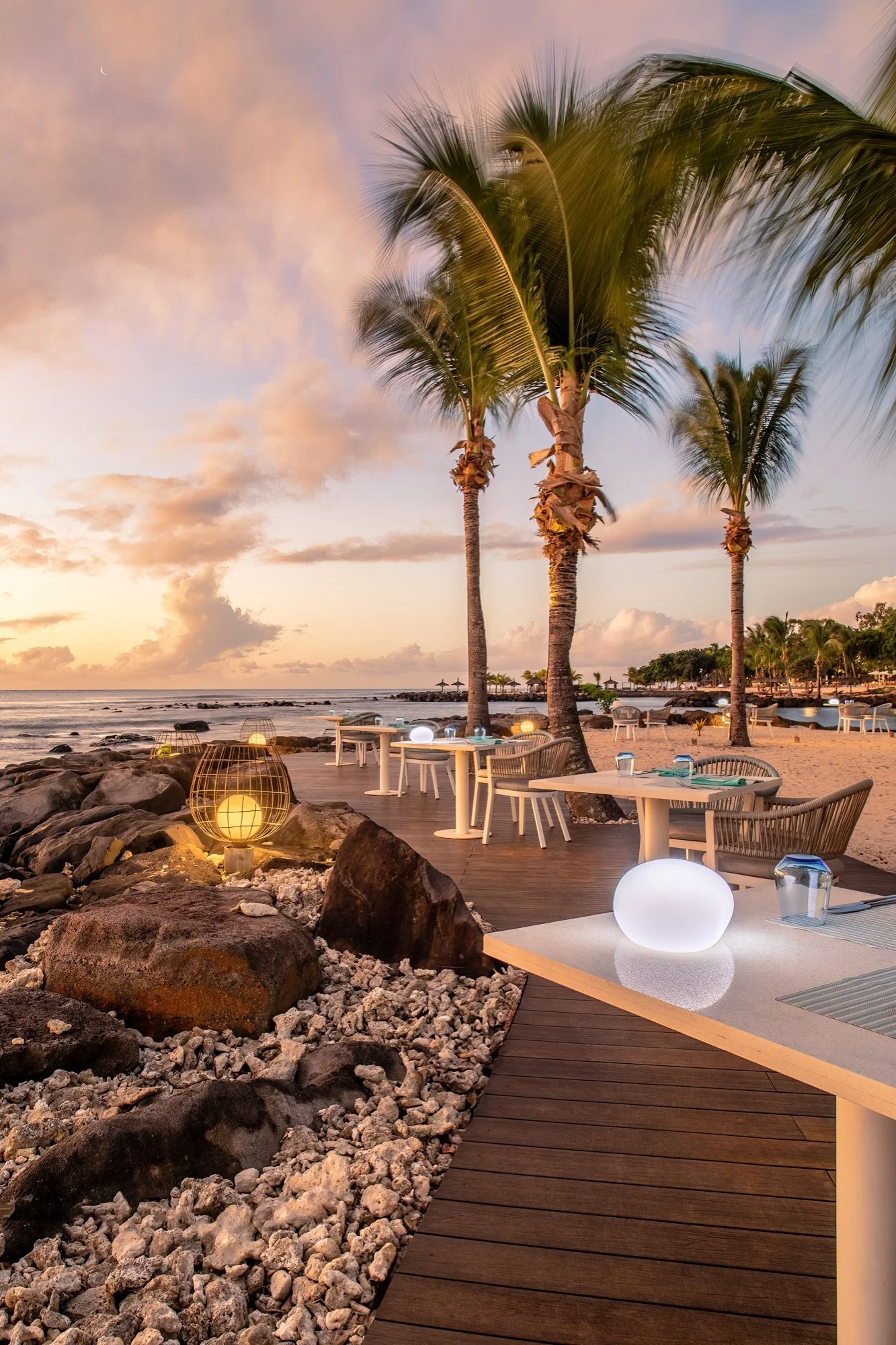 Vertical resort view with palm trees and coastal architecture