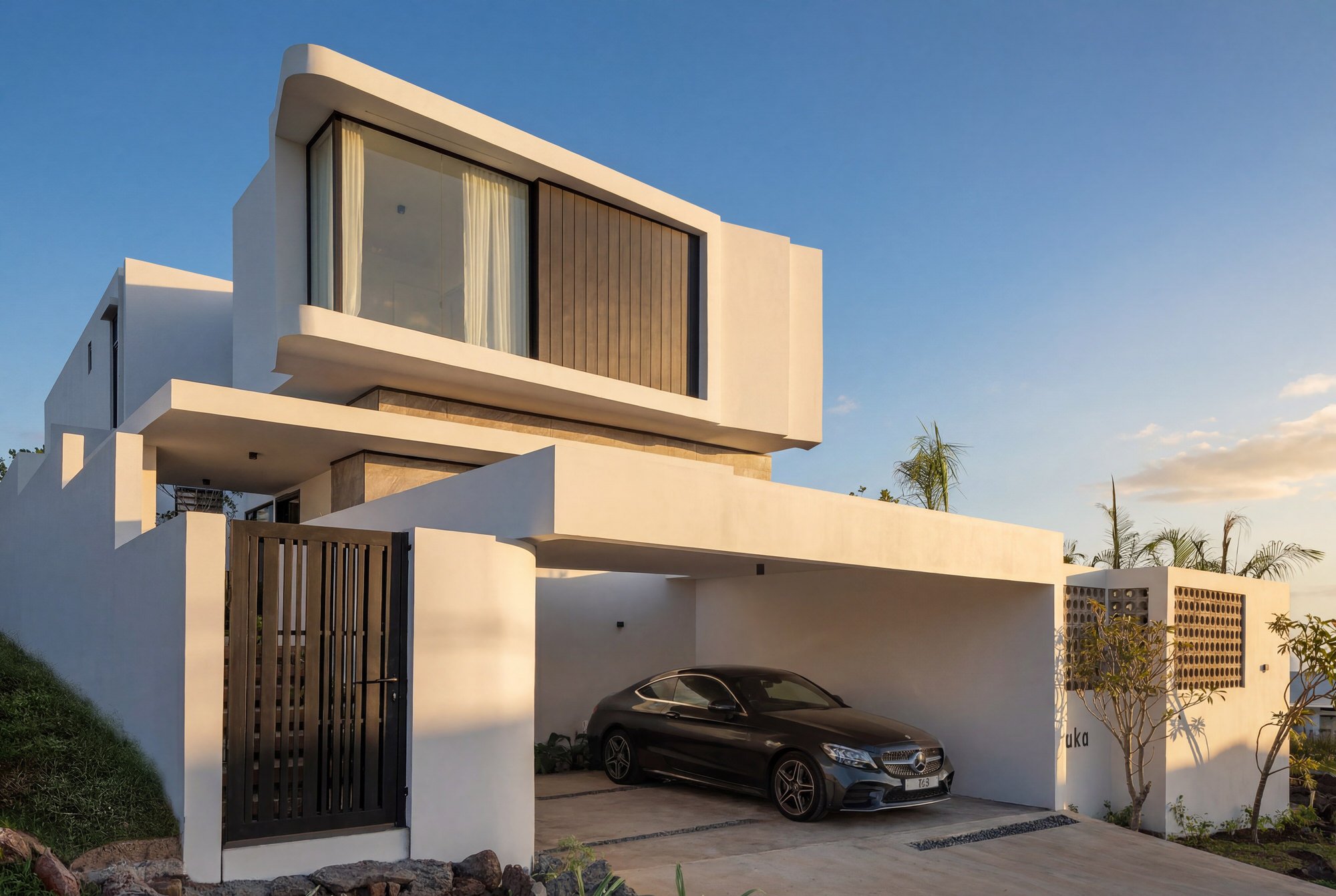 Une maison moderne à plusieurs niveaux avec un toit blanc plat, des murs blanc cassé et de grandes fenêtres en verre. Un garage avec une voiture noire Mercedes-Benz est visible au rez-de-chaussée. Le paysage est ensoleillé avec un ciel bleu clair et 