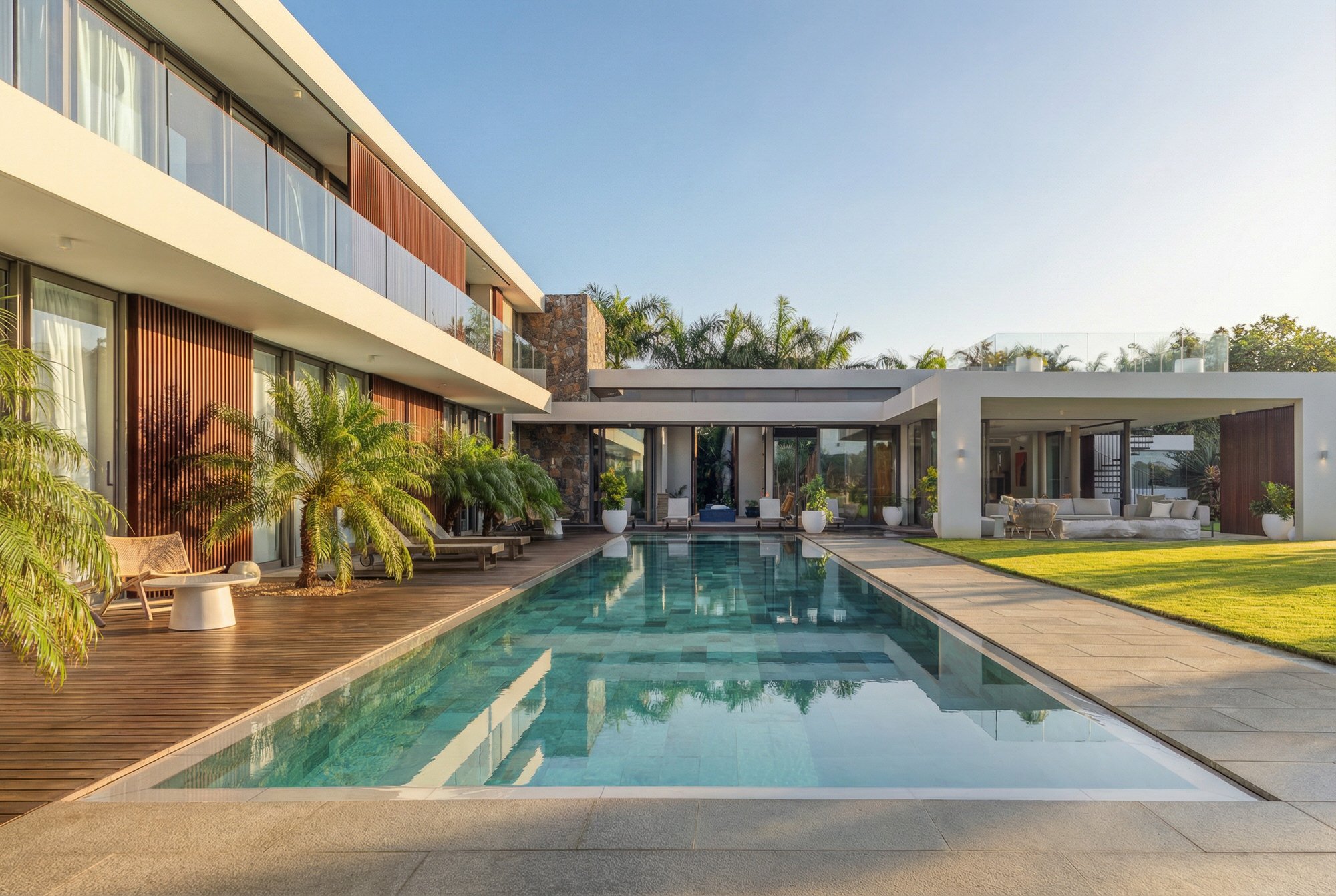 Une piscine extérieure dans la cour d'une maison moderne avec mobilier de terrasse et végétation luxuriante, au soleil de fin de journée.