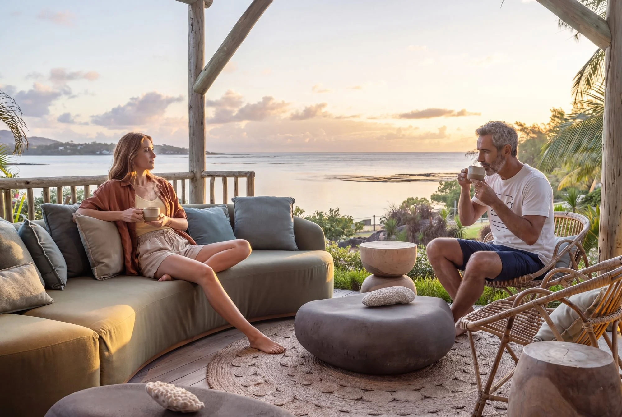 Lifestyle moment on a private terrace overlooking the lagoon at sunset