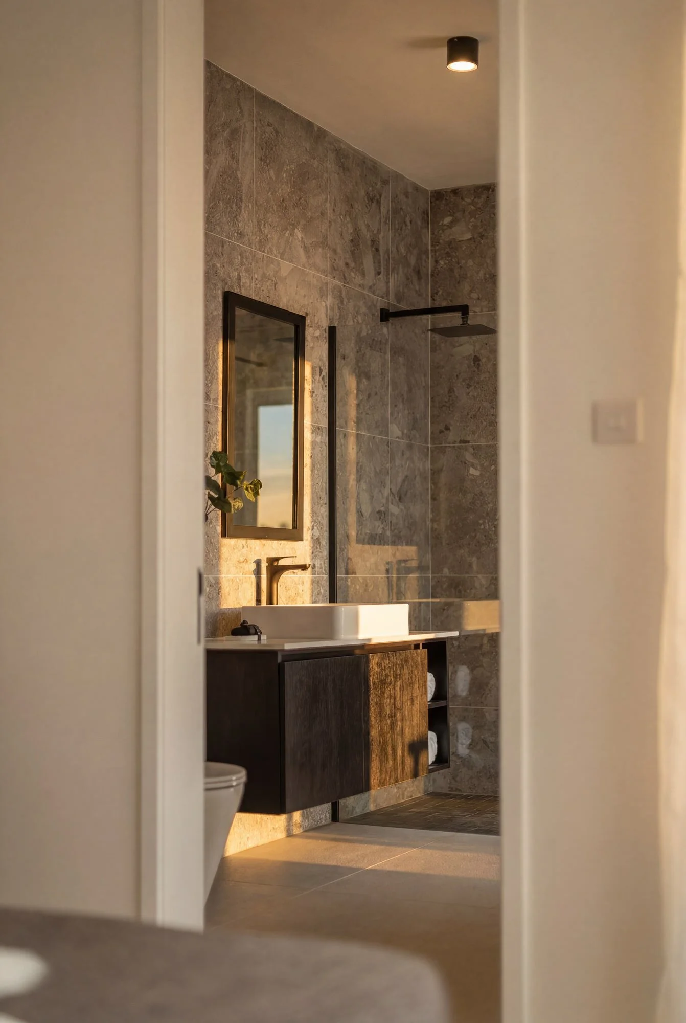 Un miroir rectangulaire au-dessus d'un lavabo dans une salle de bain avec mur en carrelage gris. Il y a une plante verte à côté du miroir et un drawer noir en dessous du lavabo. La salle de bain a un éclairage chaud.