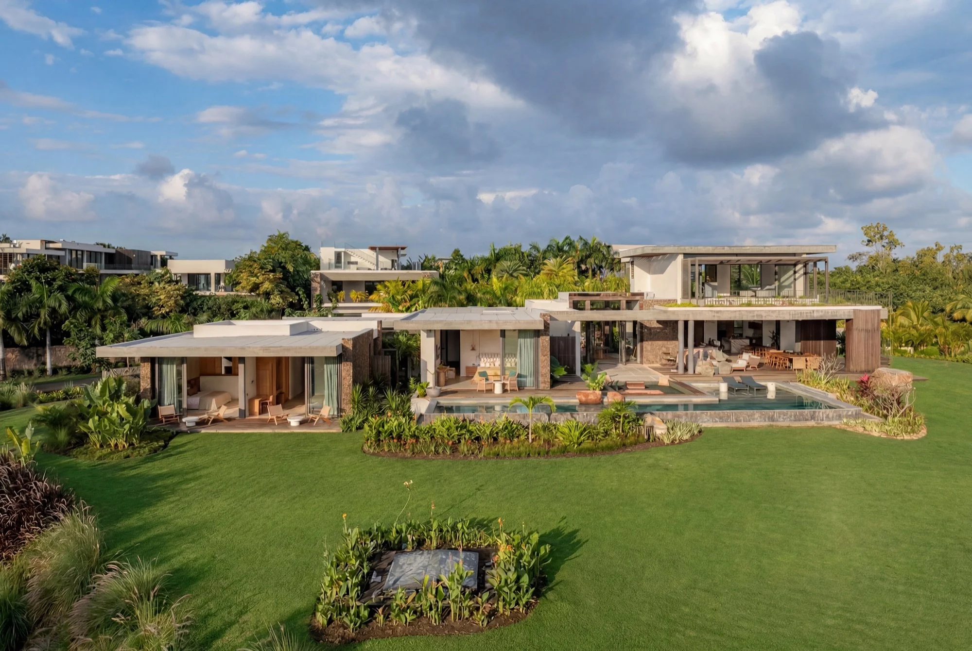 Contemporary villa interior with warm finishes and natural light