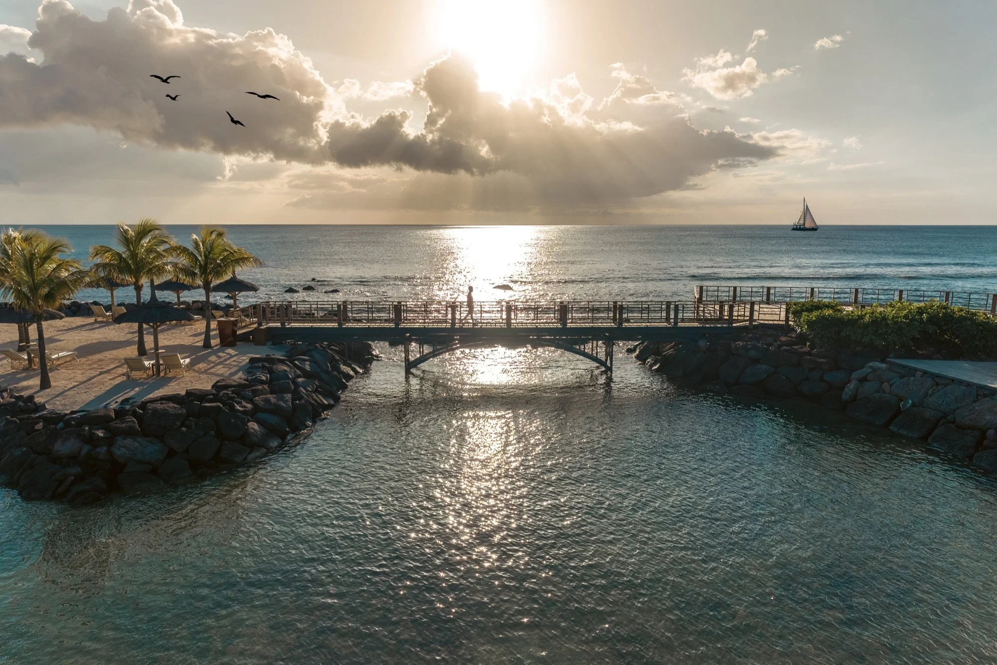 Hotel terrace architecture overlooking the Indian Ocean in Mauritius