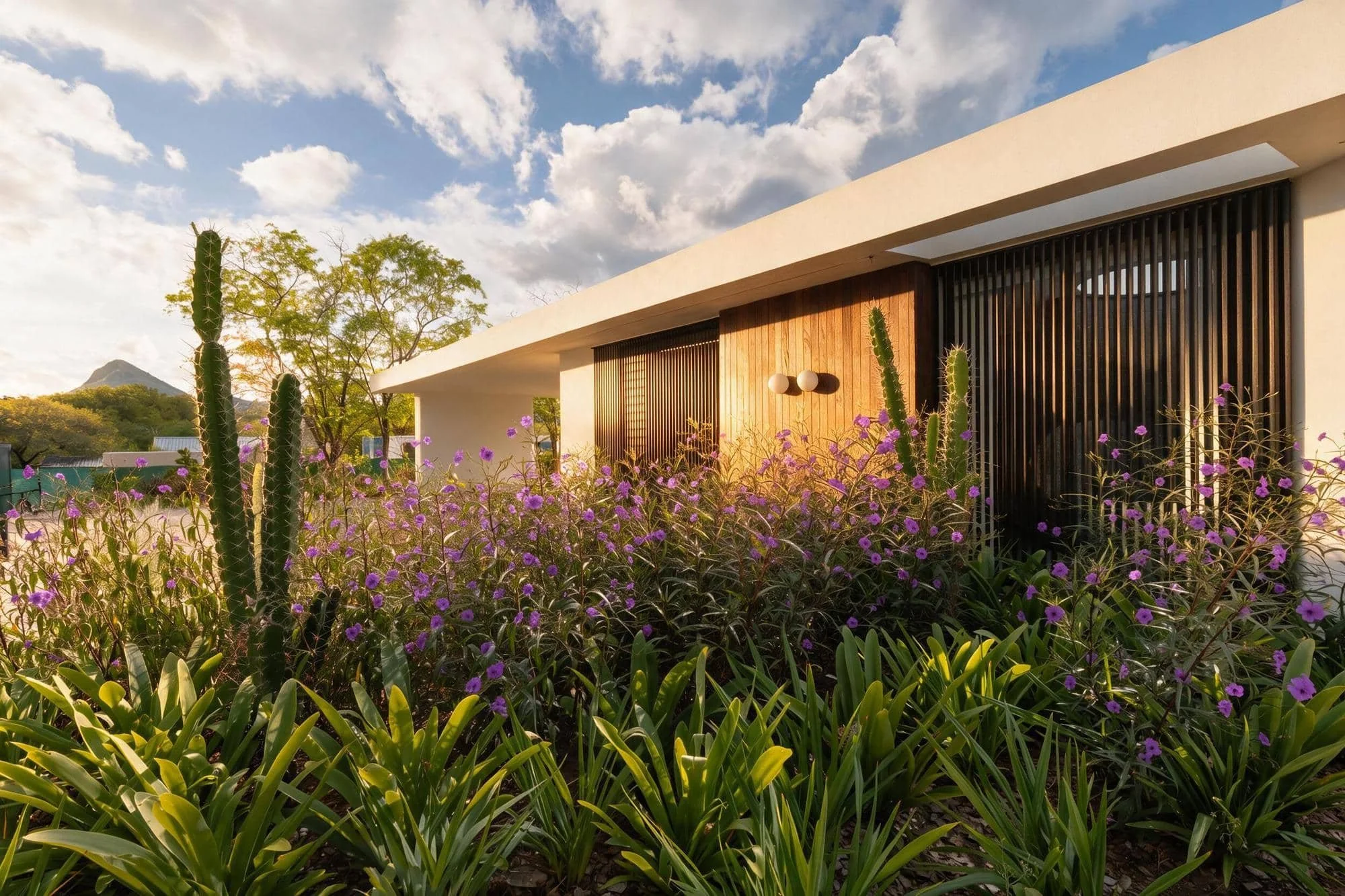 Tropical landscaping along the garden facade of Krono Residence
