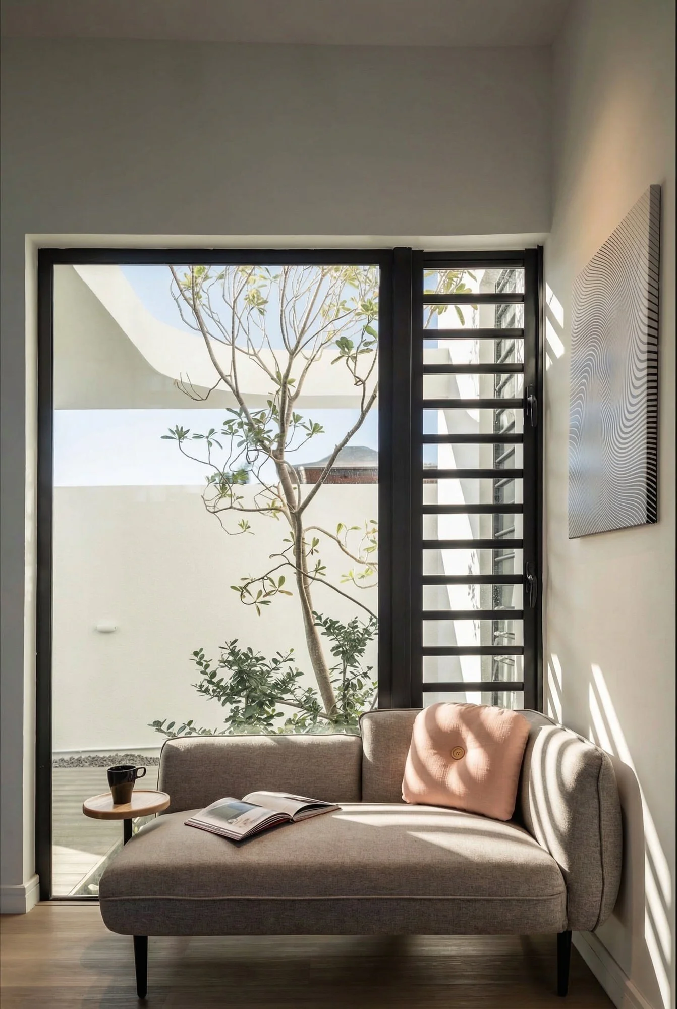 Salon avec un canapé gris, une petite table avec une tasse et un livre ouvert, grande fenêtre laissant entrer la lumière. Il y a un arbre visible à travers la fenêtre et un mur blanc avec une œuvre d'art abstraite.