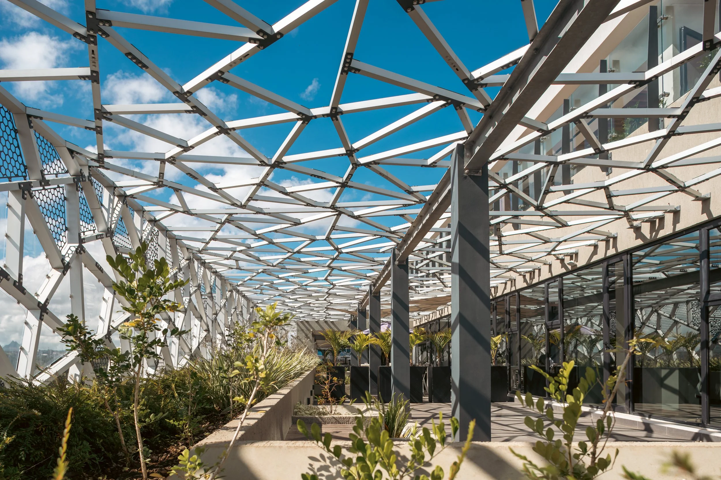 Decorative facade pattern and architectural screen at Icon Ebene