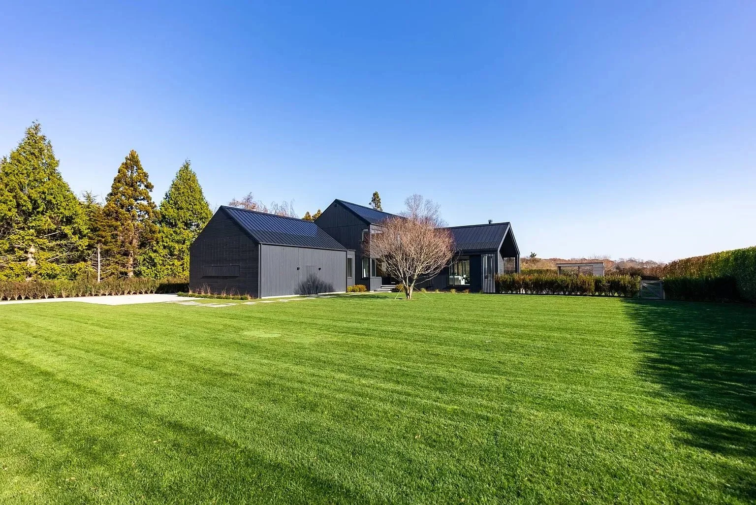 A modern black house with a well-maintained green lawn and a bare tree in front, surrounded by trees and bushes under a clear blue sky.