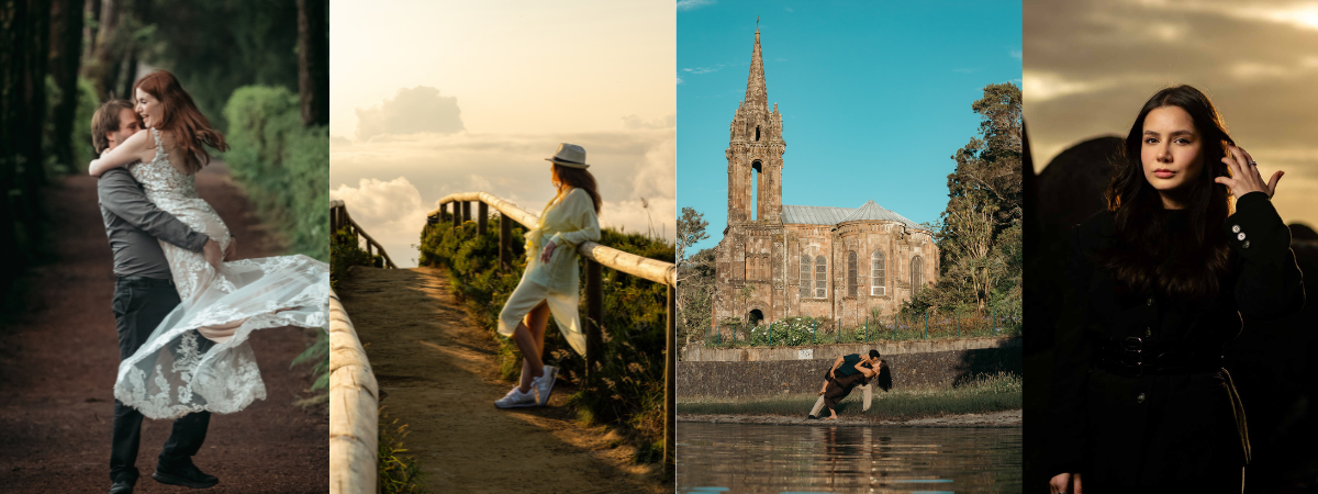 Collection of private photo tour images in São Miguel, Azores, showing couples, portraits, scenic locations and lifestyle photography.