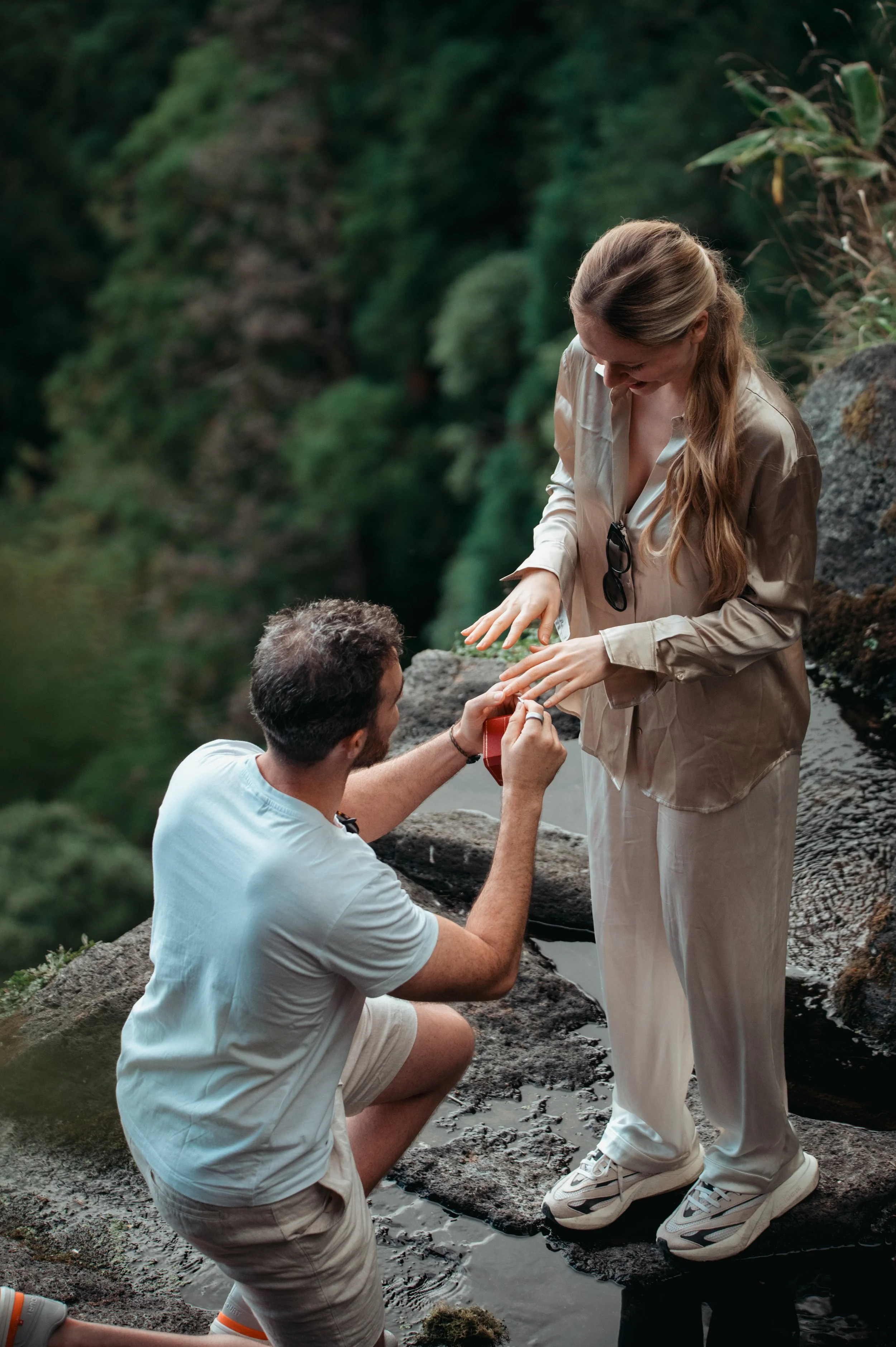 Intimate proposal near waterfall in São Miguel Azores during private photo tour experience