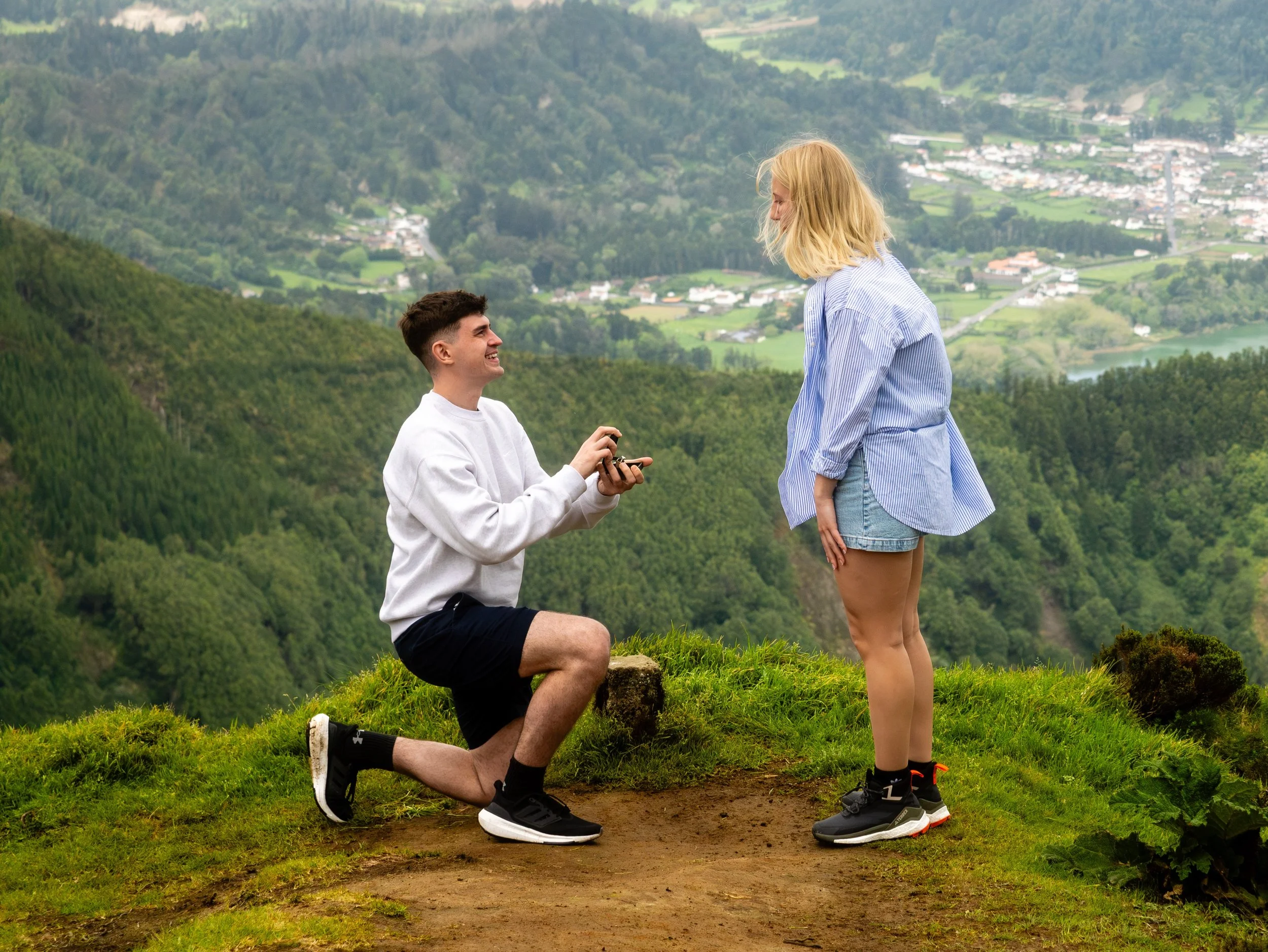 Proposal at Sete Cidades viewpoint São Miguel Azores with panoramic lake and volcanic landscape