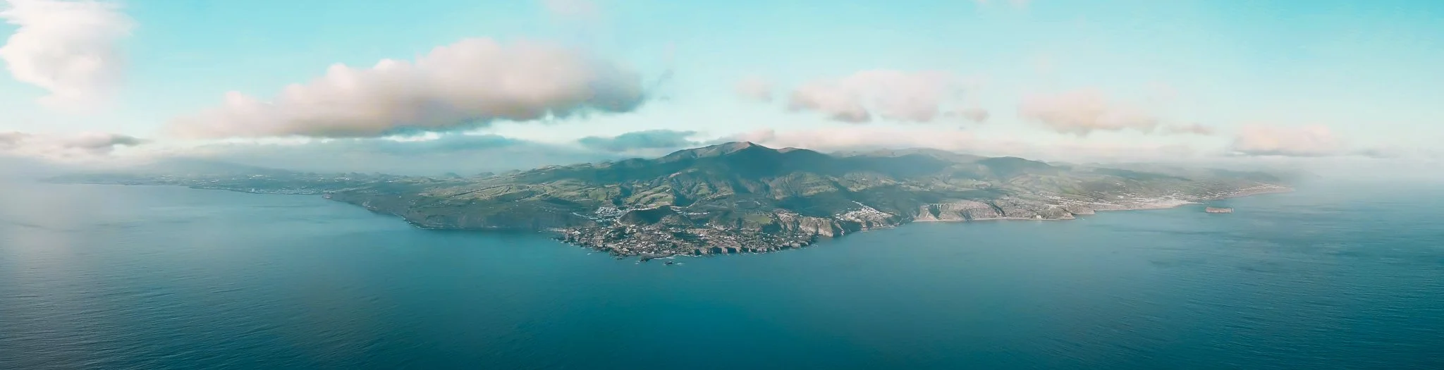 Aerial panoramic view of São Miguel Island during a drone workshop in the Azores, used to teach beginners how to fly and capture cinematic footage
