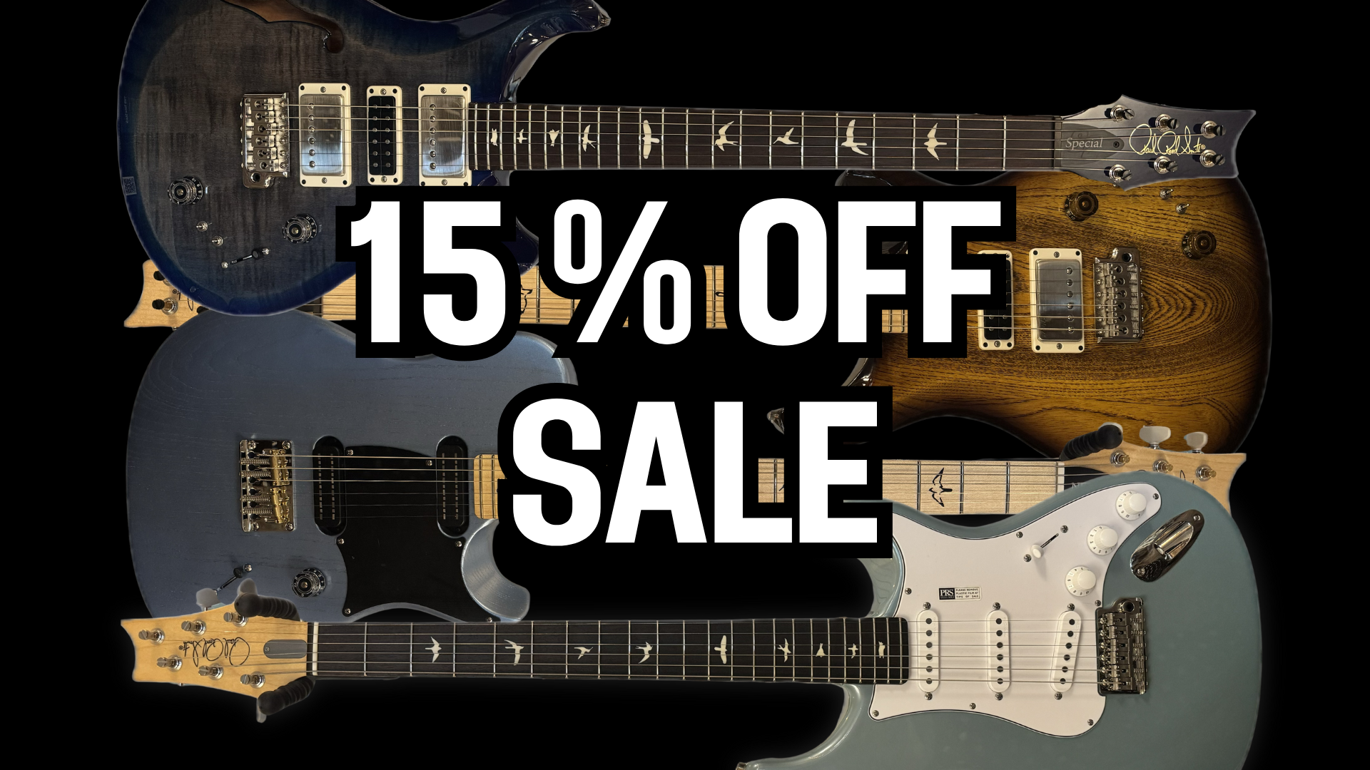 Four electric guitars with different designs and finishes are stacked vertically against a black background.