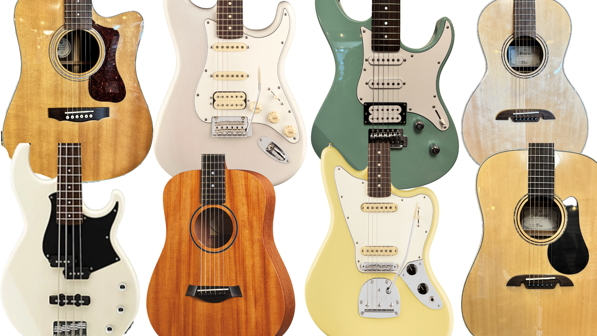 Collage of five electric guitars in various colors, with text 'NEW IN STORE' at the bottom.