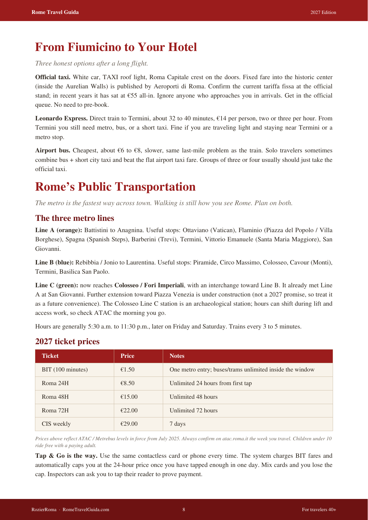 Sample page from the Rome Travel Guida PDF booklet showing public transportation