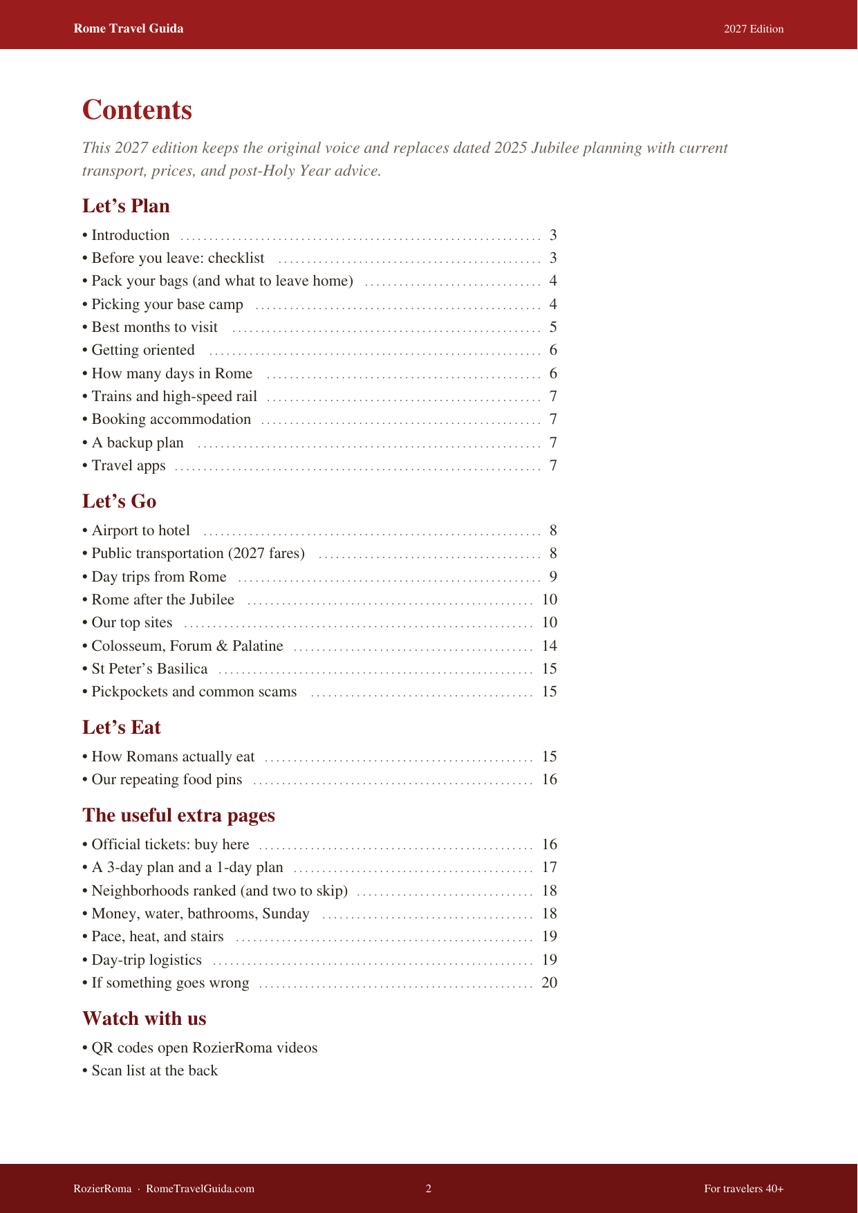 Table of contents of the Rome Travel Guida PDF booklet