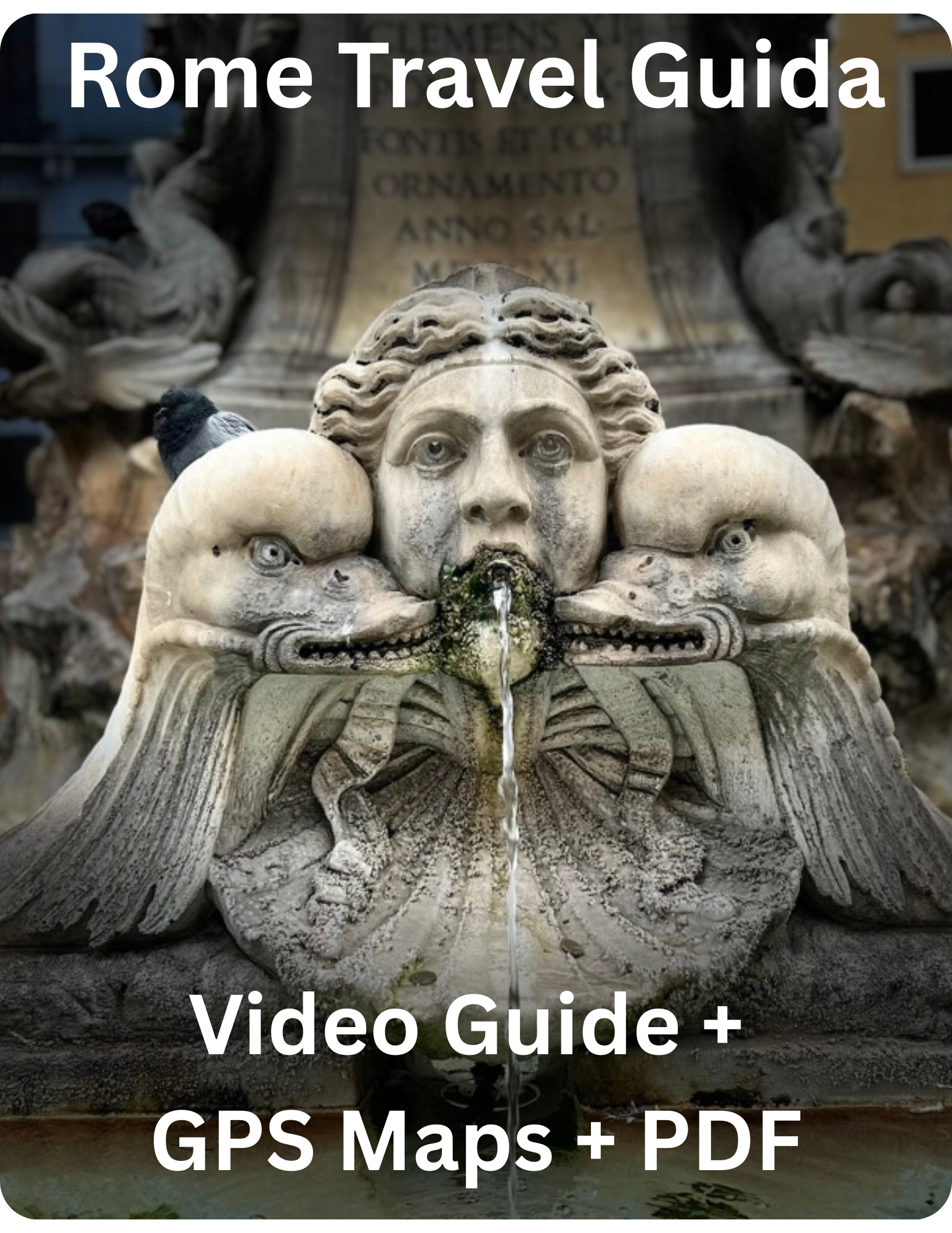 Close-up of a ornate stone fountain featuring a carved face with water flowing from its mouth, with a historical building and statue in the background.