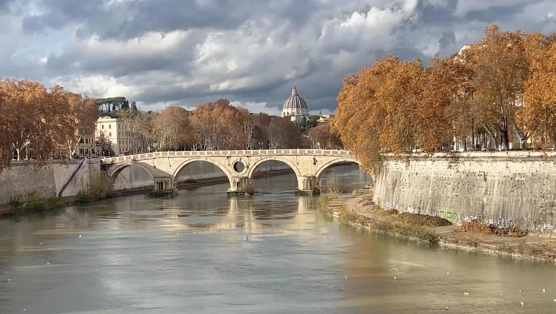 Looking at Saint Peter’s Dome down the Tiber River in fall