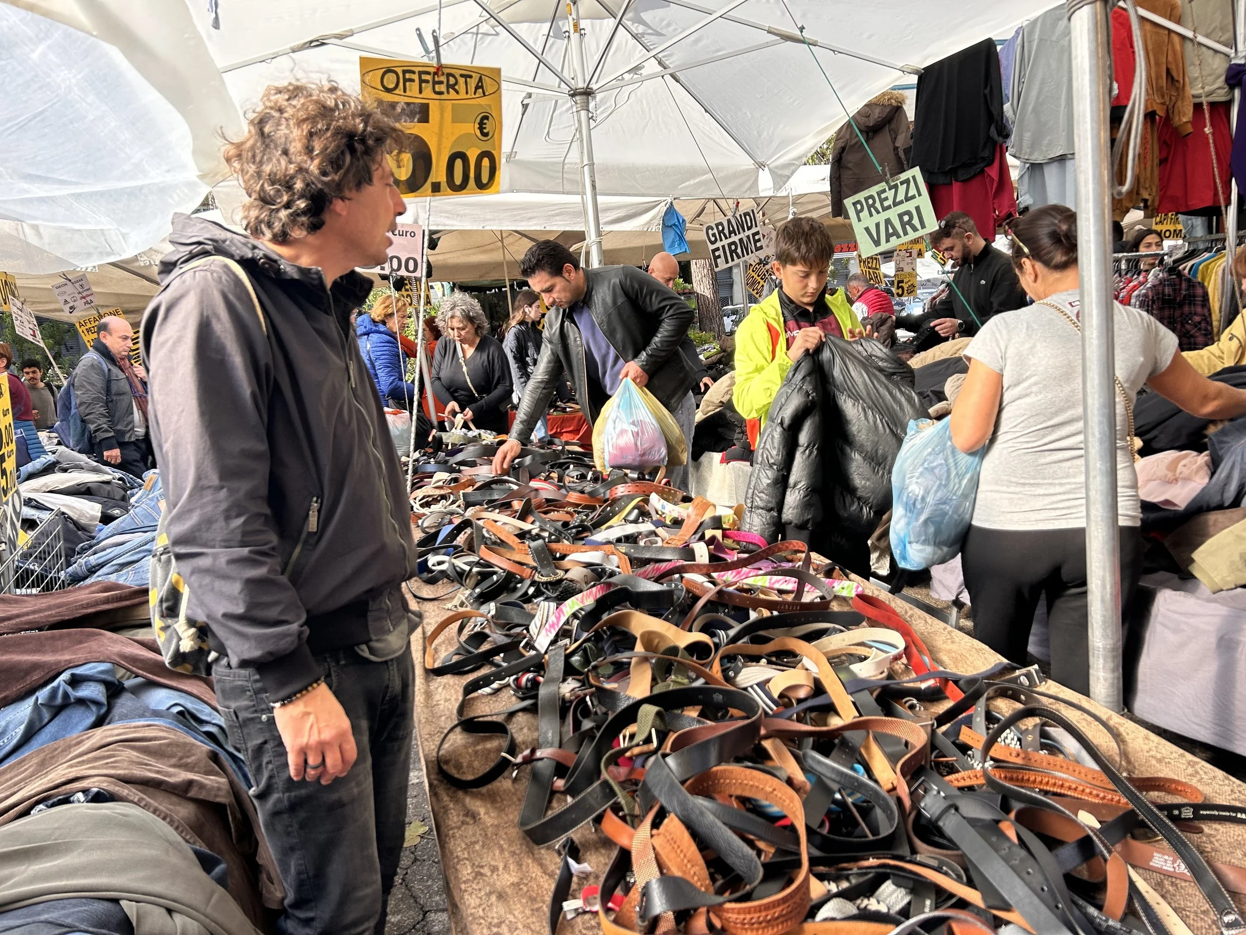 100's of belts for sale at the Porta Portese Sunday Market