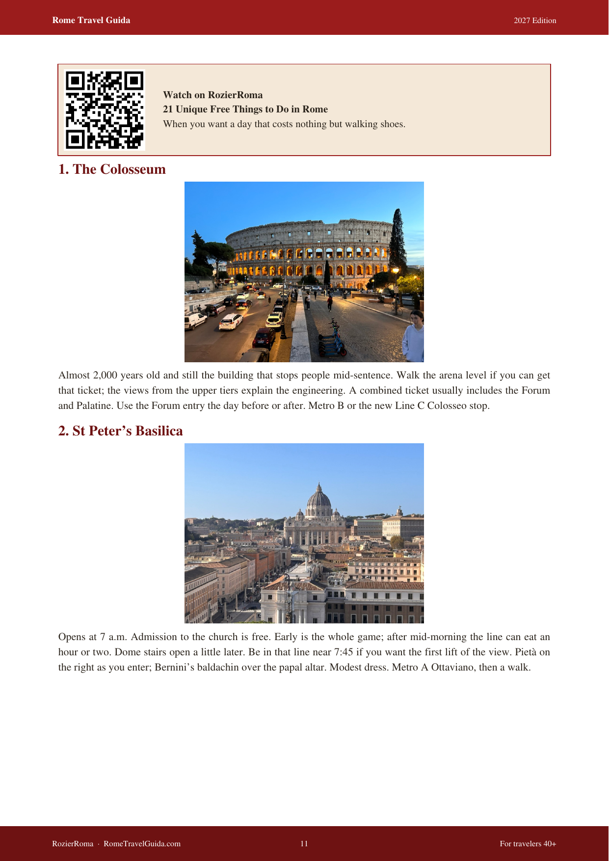 Sample page from the Rome Travel Guida PDF booklet showing the Colosseum & St Peter's Basilica