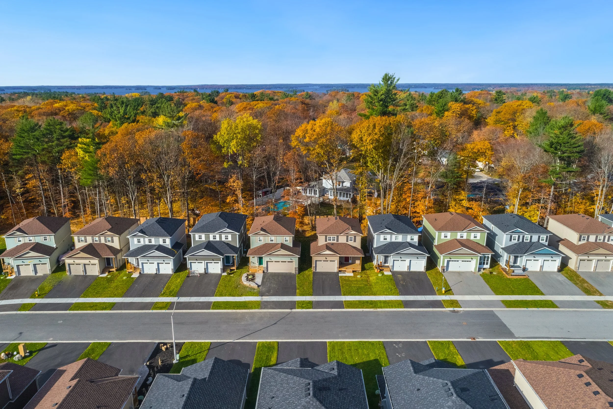 Row of houses with fall coloured trees and a lake in the background