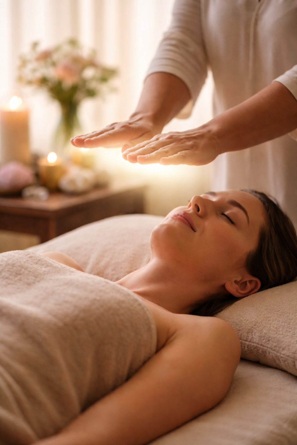 A woman is receiving a massage in a relaxing spa room, with candles and flowers in the background.
