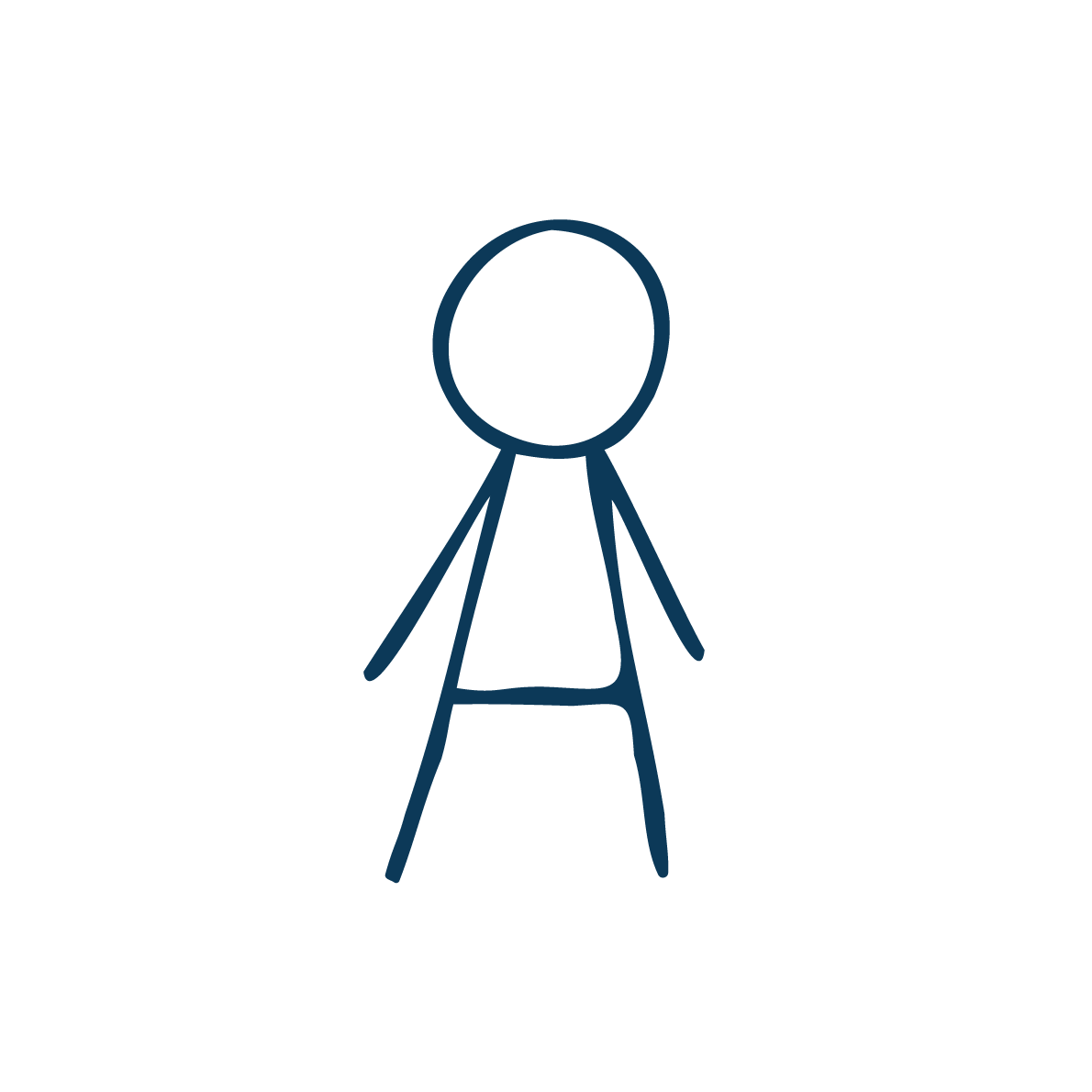 A simple line drawing of a stick figure with a round head, a triangle-shaped torso, and straight limbs, standing on a black background.