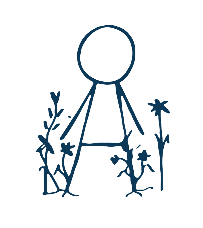Simple line drawing of a person with a round head, standing amid flowers and plants.