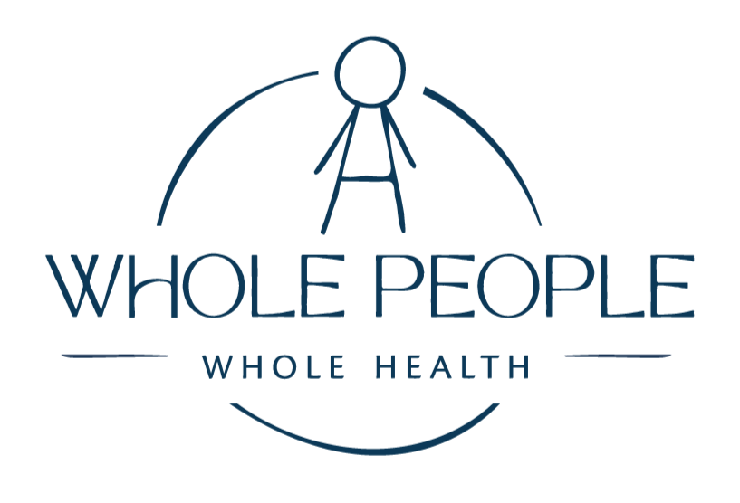 Logo for Whole People Whole Health featuring a simple line drawing of a person standing, with the text "Whole People" and "Whole Health" beneath, enclosed in a circular design.
