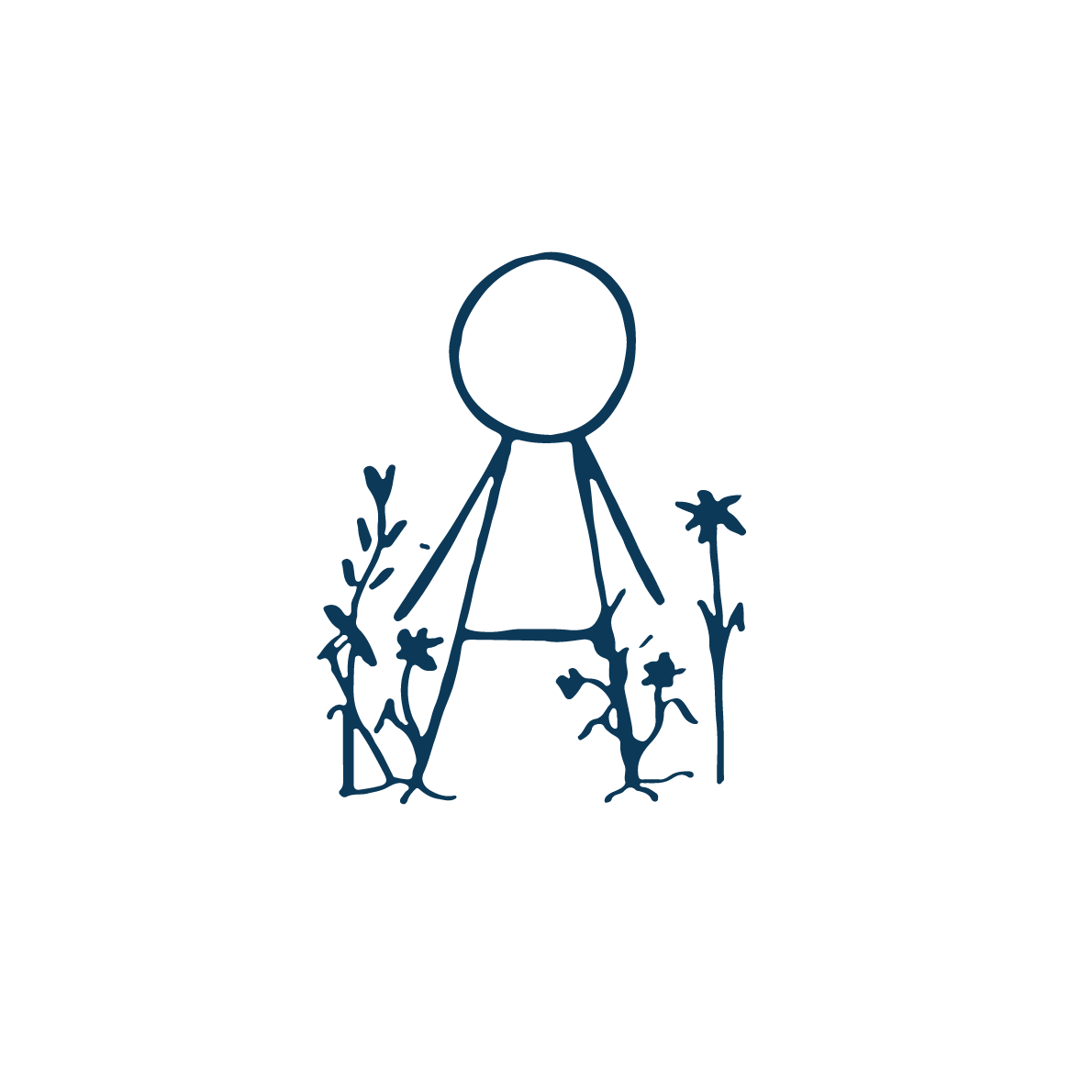 A simple blue line drawing of a faceless person standing among flowers and plants.