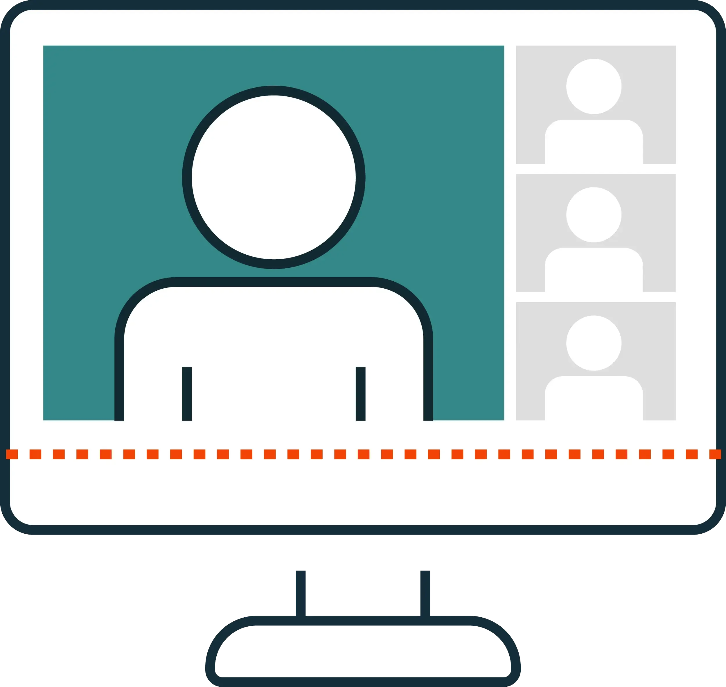 A computer screen showing a video conferencing interface with four user icons, one large in the center and three smaller on the right, indicating multiple participants.
