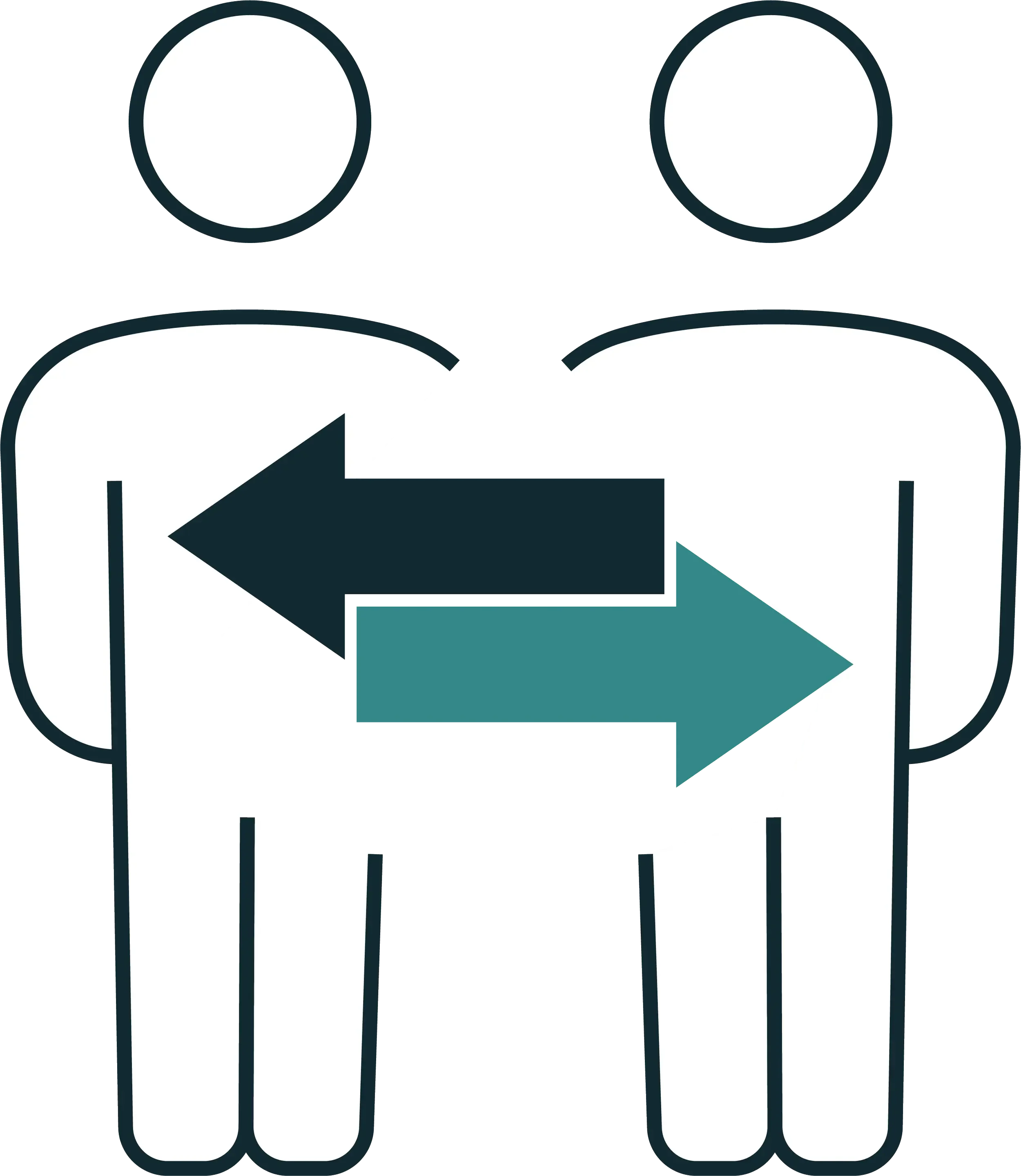 Two human icons with arrows indicating a two-way exchange or communication between them.