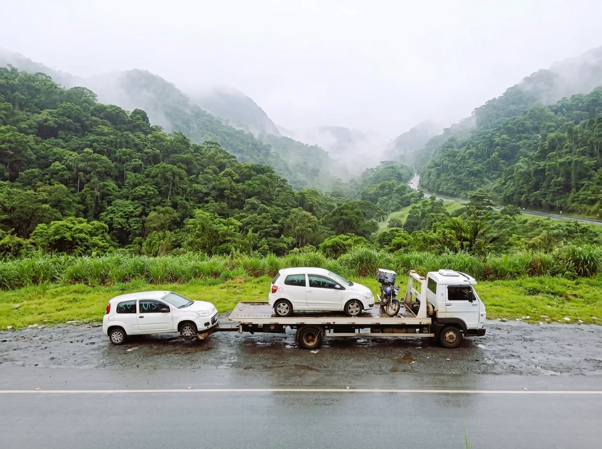 Caminhão-guincho transportando dois carros e uma motocicleta em estrada molhada, cercada por floresta tropical montanhosa com neblina.