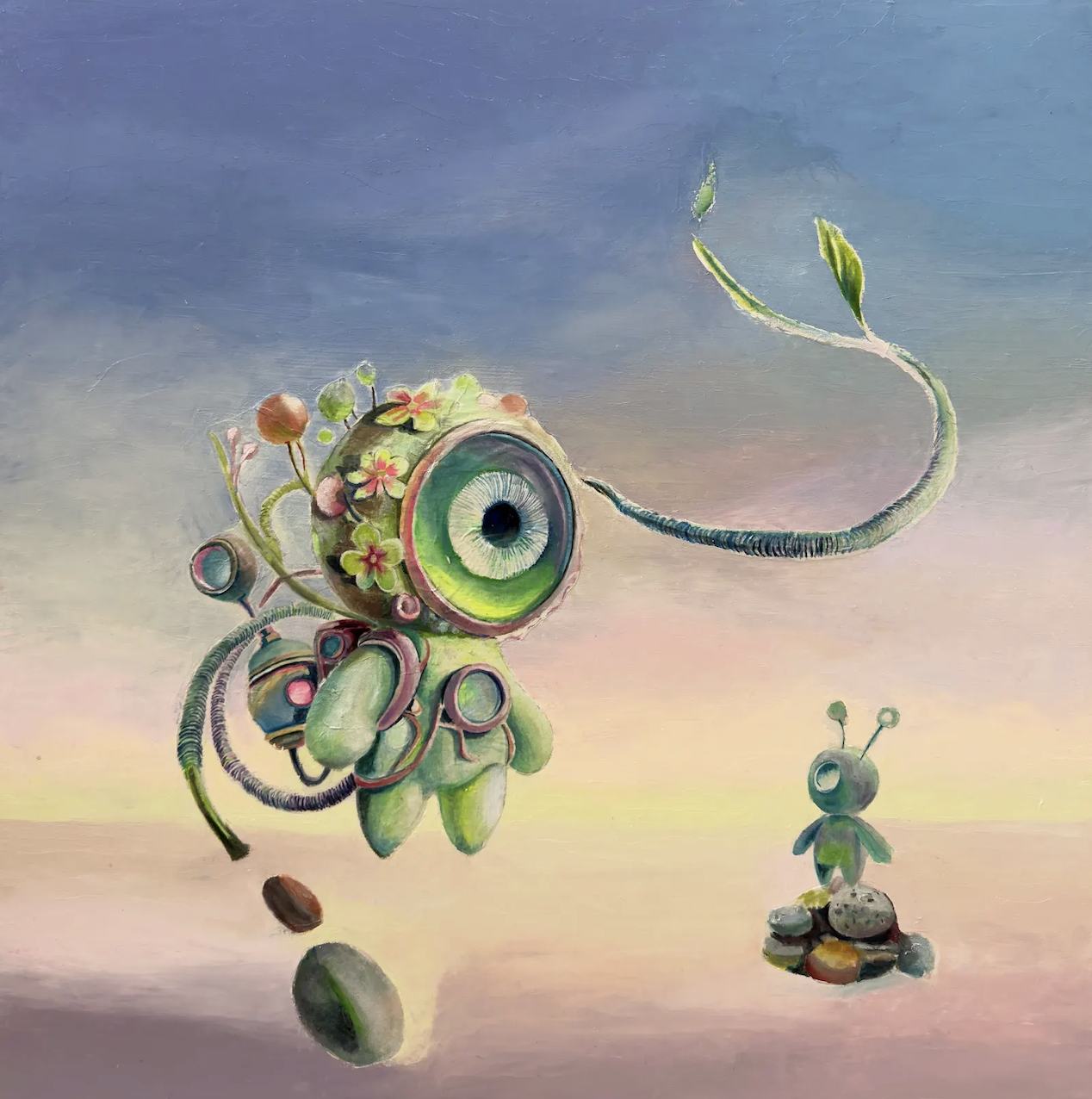 Seongmin Yoo, Rock Shooter, 2025, Oil, ink, rice paper on panel, 18 x 18 in